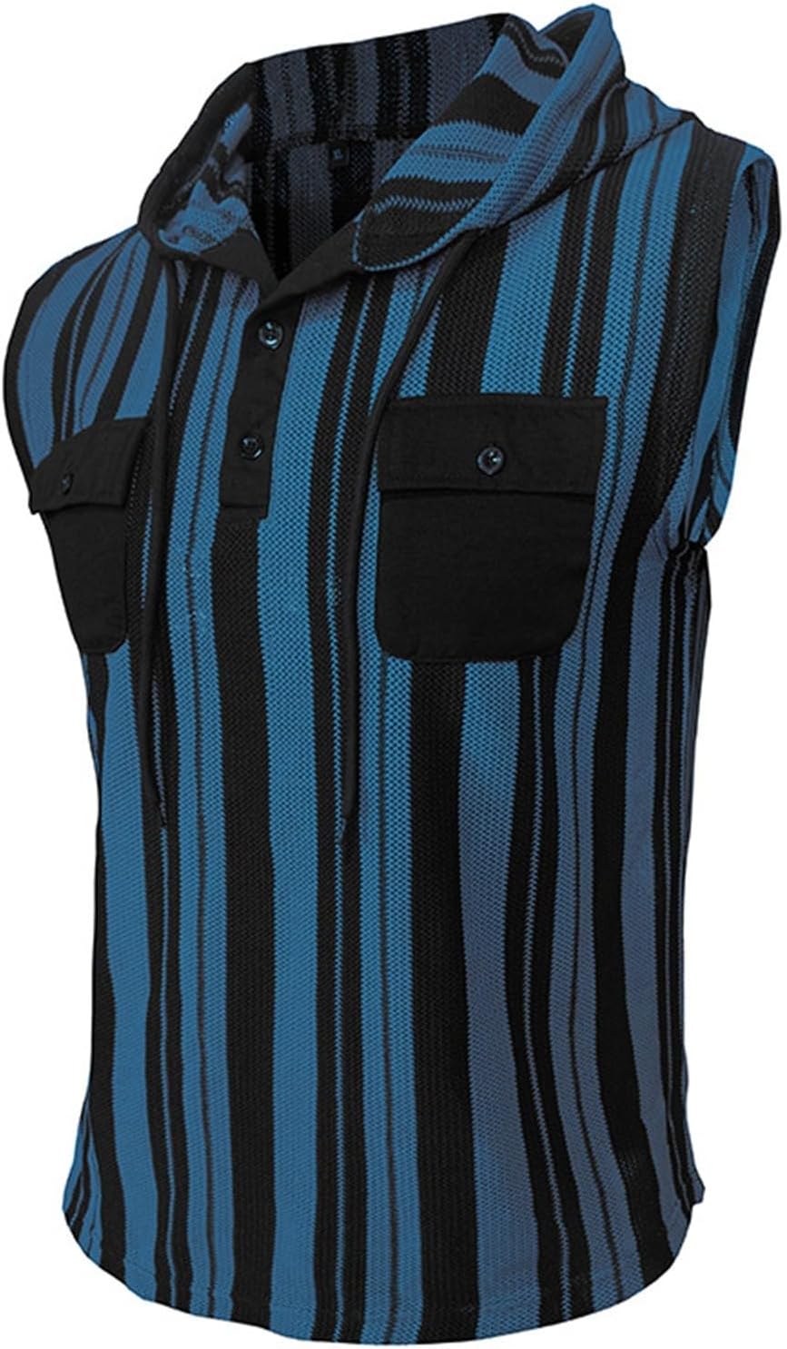 Ärmlösa västar med huva för män sommar vardaglig tank top lätt pullover väst med bröstficka och knappdetaljer urholkade randiga designvästar smal passform mode gym linne för fritid