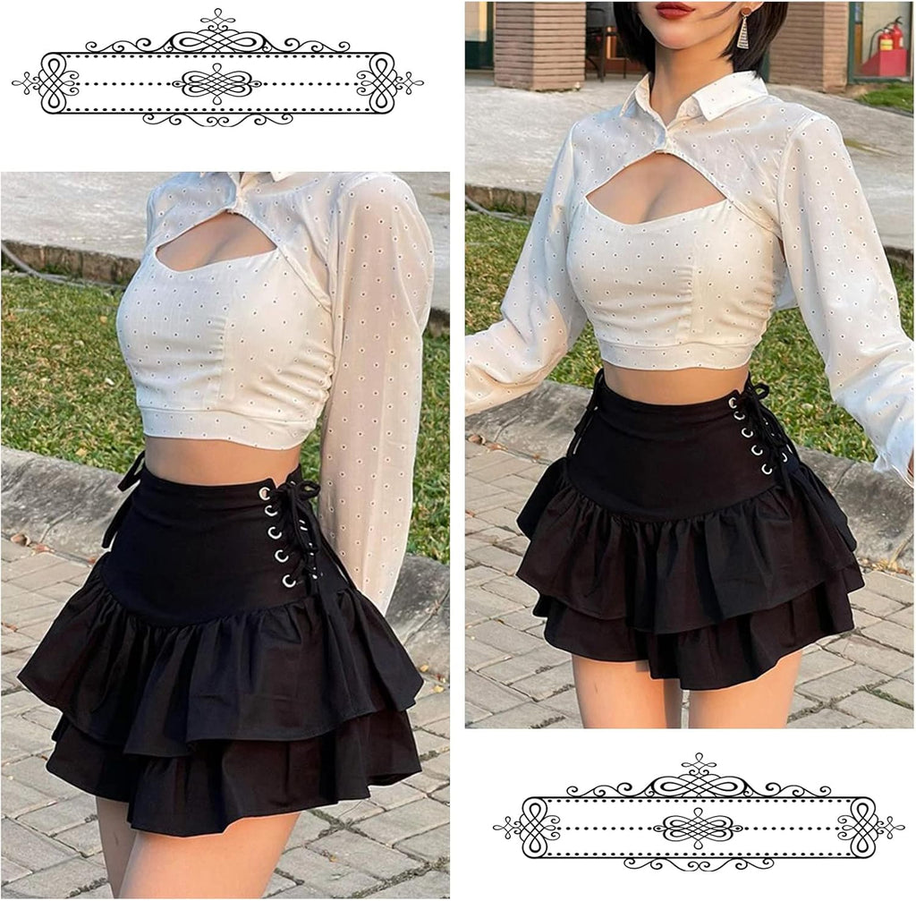 SEAUR Gotisk kjol dam, svart, kort, punk minikjol, steampunk, kjol, cosplay, party, klubb, slitage, hög midja, A-linje, spets, veckad kjol – S, M, L, XL
