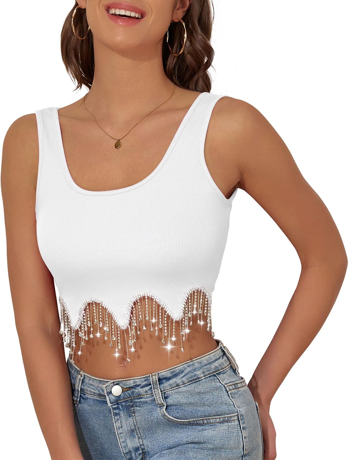 Crop Tops för kvinnor strass frans topp glittrande damlinnen paljett glitter beskuren tank konsert Y2K toppar vit liten (ljusblå, L), Vitt