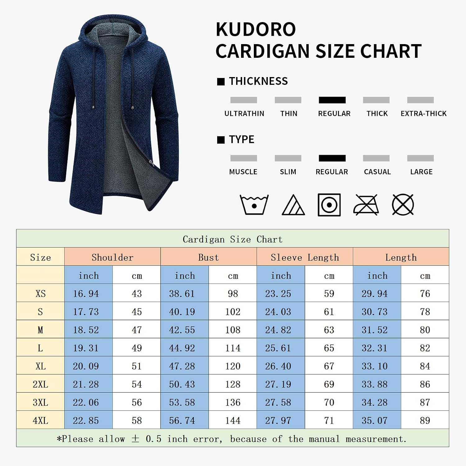 KUDORO Herrcardigan lång väst med dragkedja stickad kofta huvtröja tjock och ledig fleece tröja huvtröja