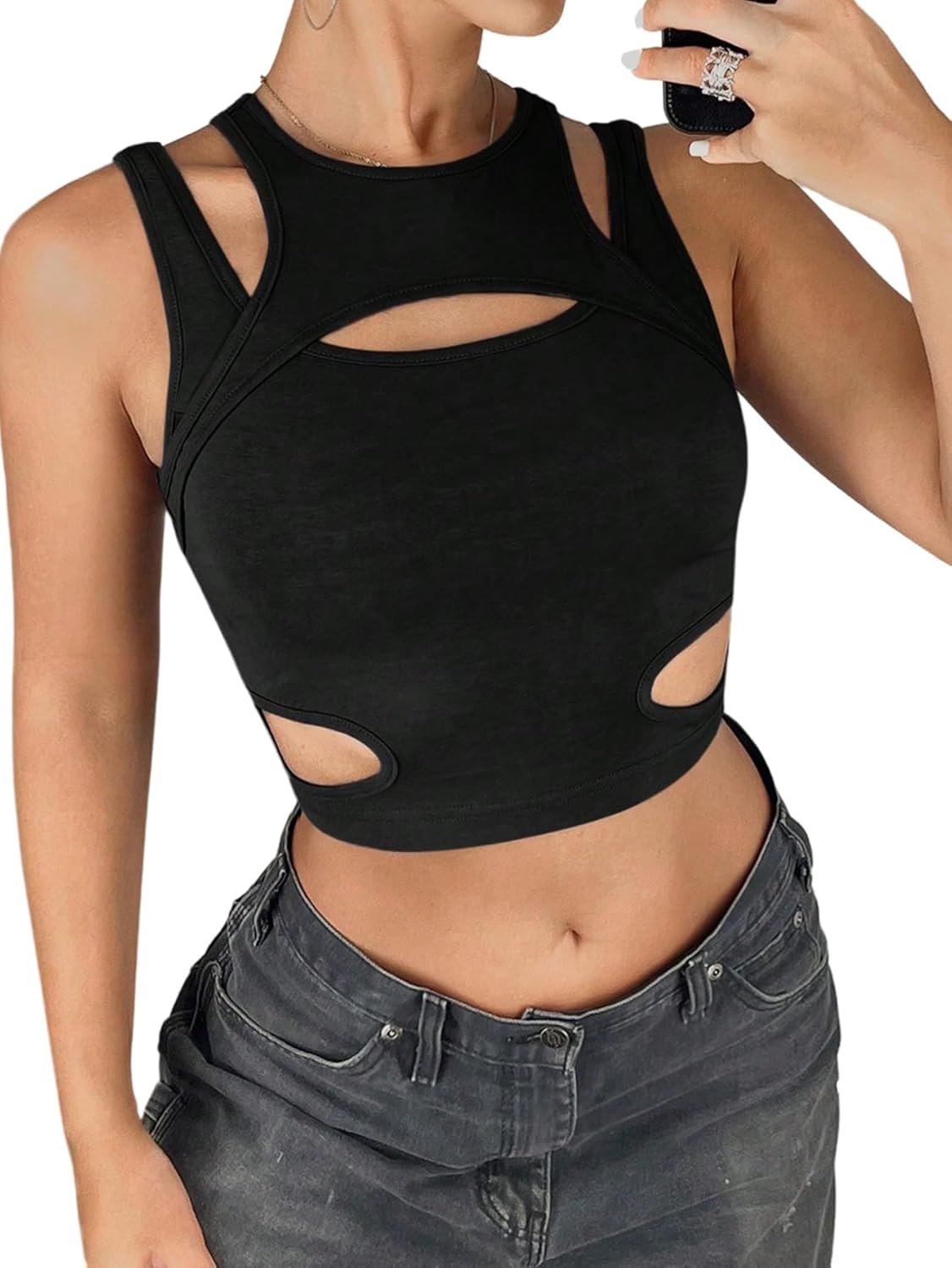 GORGLITTER Crop Tank Top dam Y2k Cut Out Top magfria toppar med utskärning sexig topp ärmlös linne