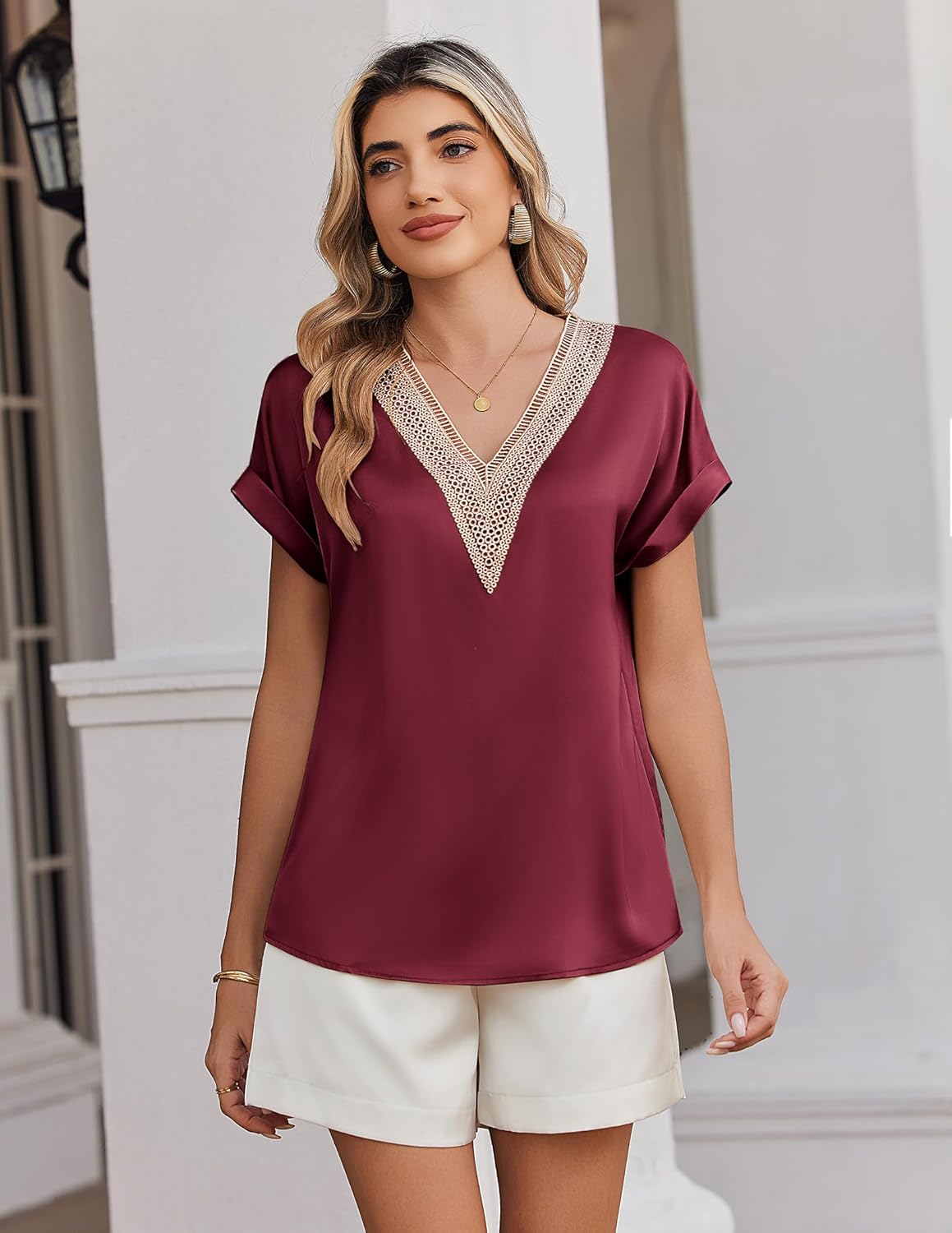 Zeagoo Dam-t-shirt, satinblus, spets, v-ringad, skjorta, eleganta blusar, kortärmad tunika, topp, lediga toppar, sommar, lösa toppar