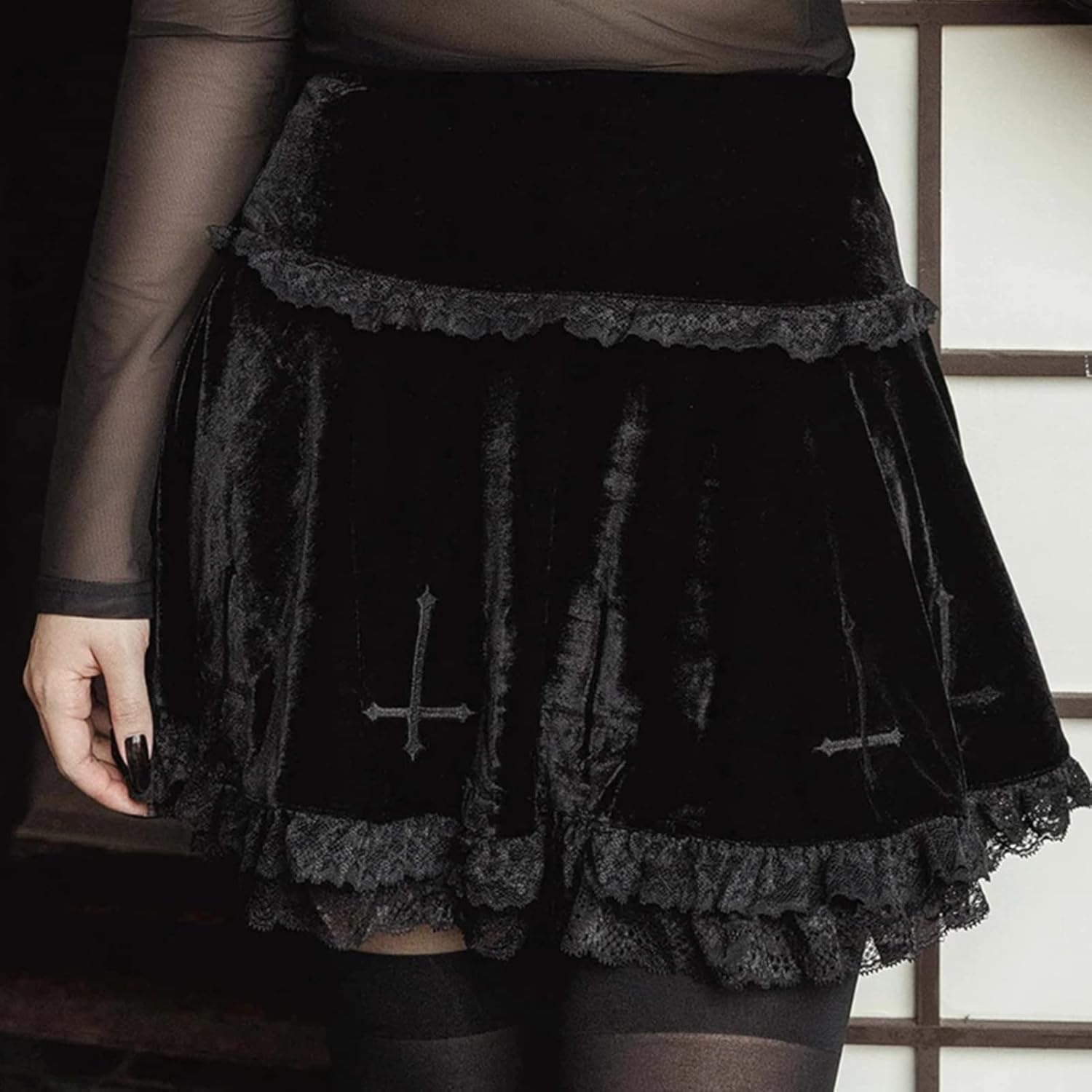 SEAUR Gotisk kjol dam, svart, kort, punk minikjol, steampunk, kjol, cosplay, party, klubb, slitage, hög midja, A-linje, spets, veckad kjol – S, M, L, XL