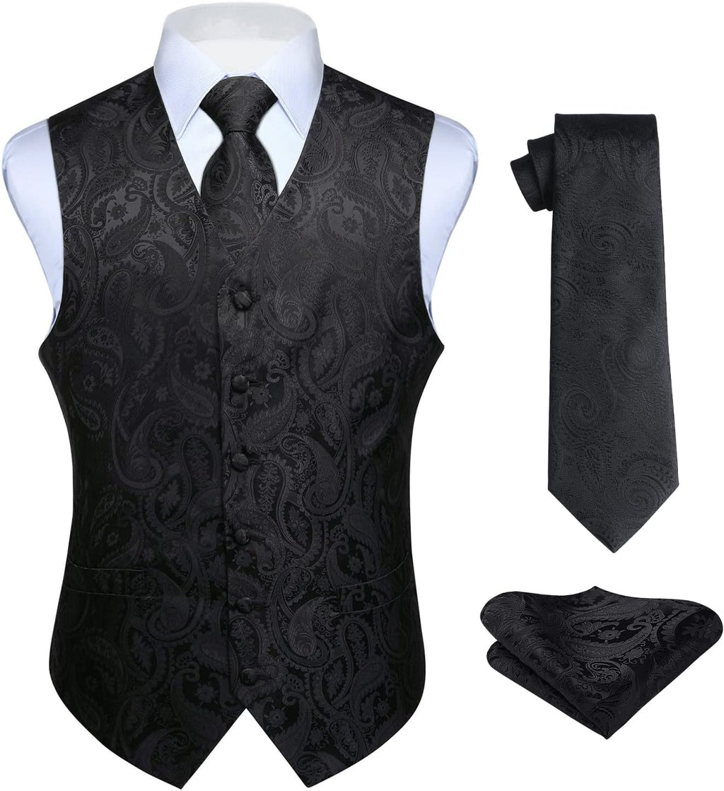Hisdern Herrväst med paisleymönster, blommig jacquard-slips, bröstnäsduk och näsduk, perfekt för bröllop, fest eller affärsmöten, väst-set för kostym i storlekarna XS–6XL