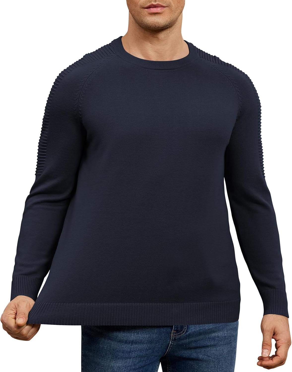 herr rund hals raglan långärmad jumper enfärgad termisk stickad pullover axel ribbning detalj 100 % bomull klassiska stickade kläder höst vinter