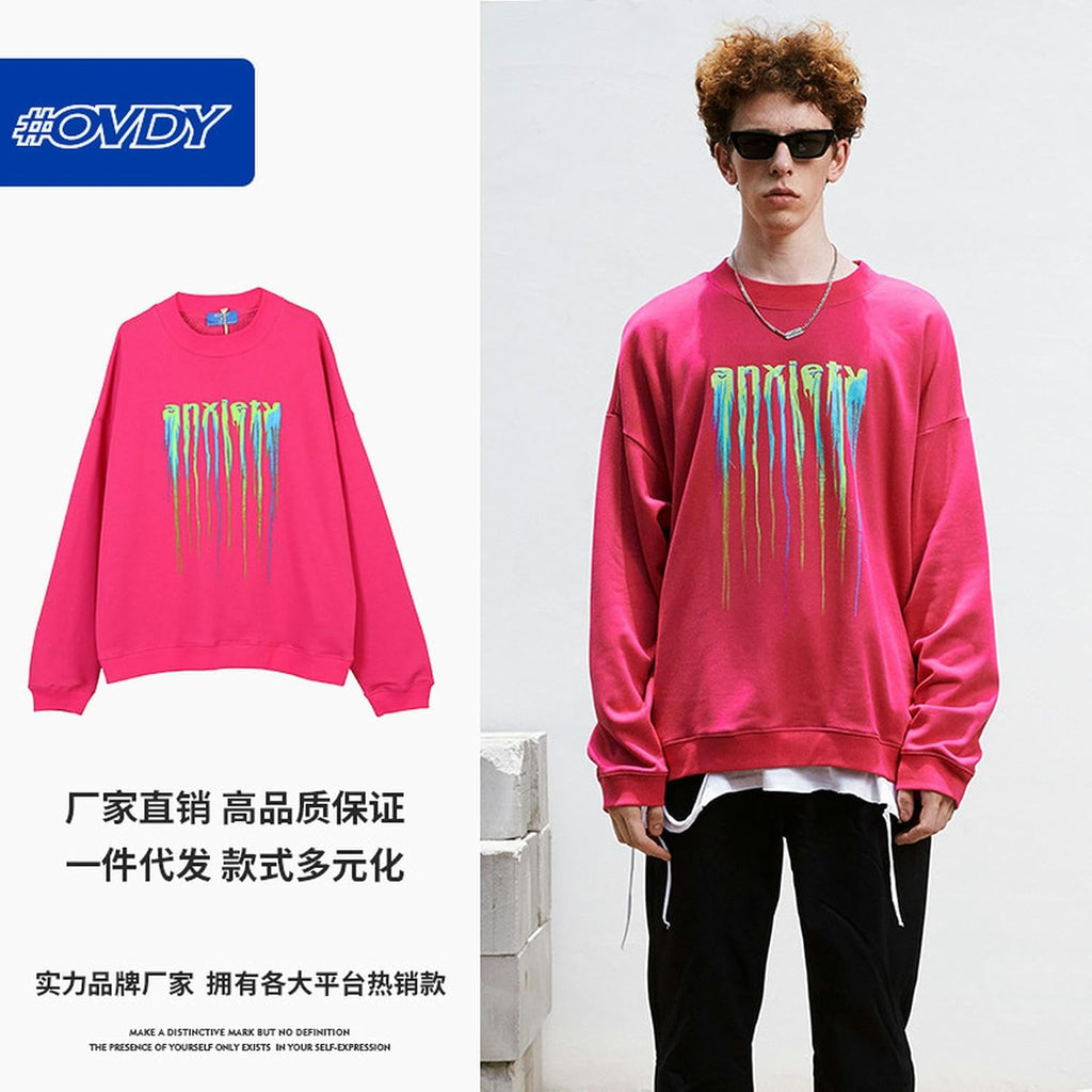 Sweatshirt män höst och vinter mode märke hiphop hög gata trend personlighet mörk serie lös rund hals tröja-rosaröd M, Rosenröd, M