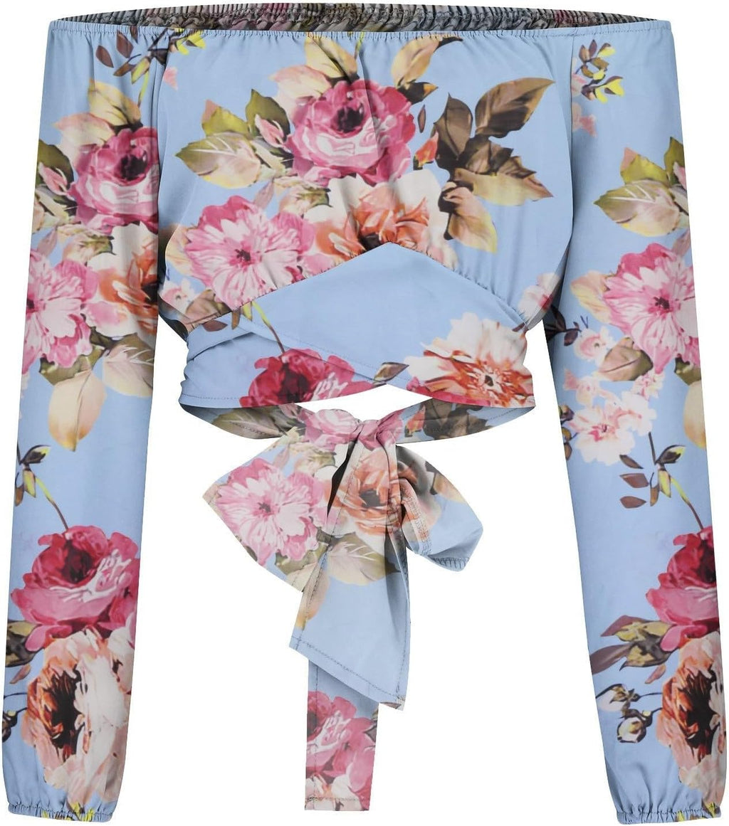 Off Shoulder Dam Crop Top Elegant Lanternärm Långärmad Rynkad Knytskärp Blus Sexy Shirt Semester Party Clubwear
