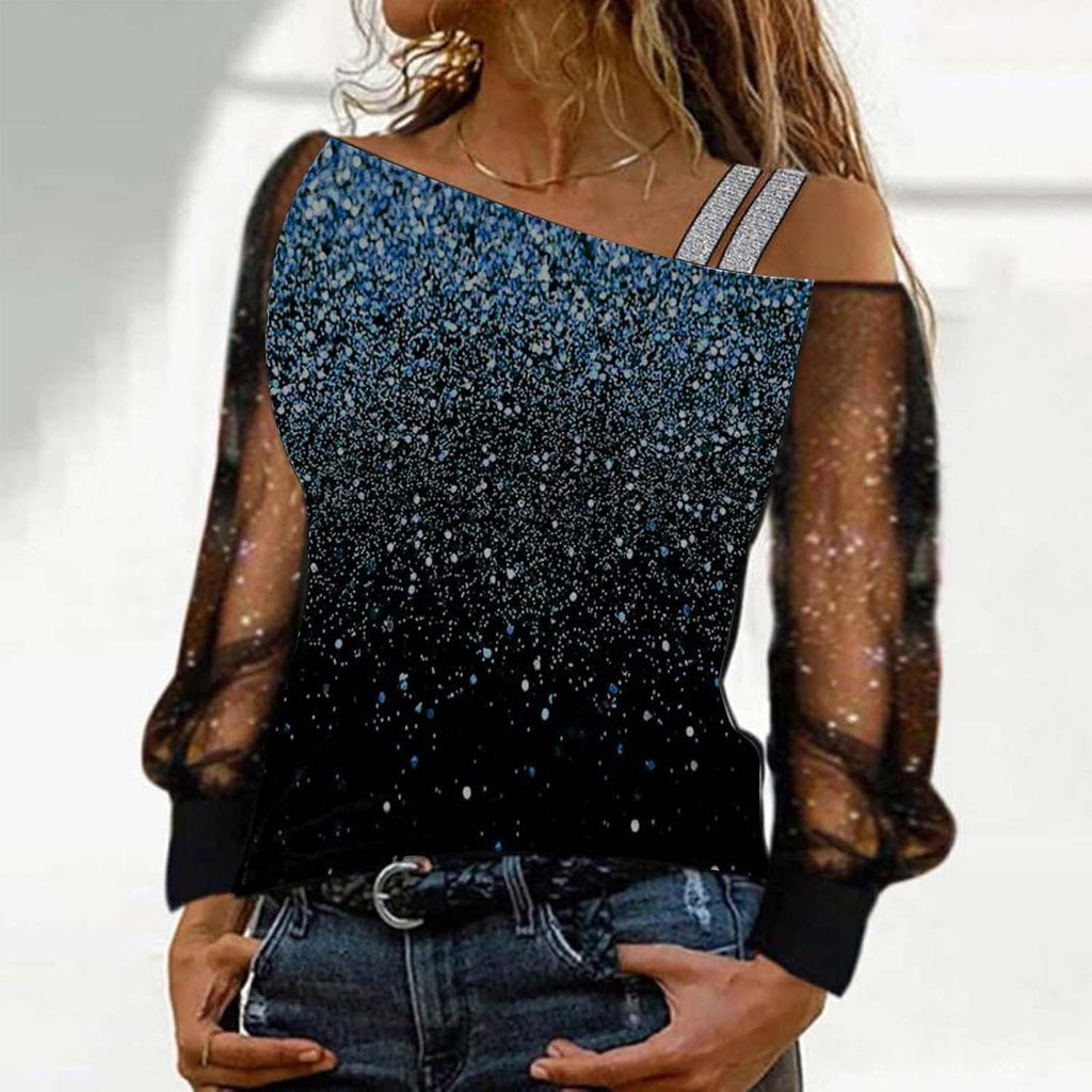 Elegant damskjorta paljetter nyår axellös elegant nät med paljetter plus storlek t-shirts för fest och kväll cocktail ceremoni kurviga toppar långärmad glitter blus 2025