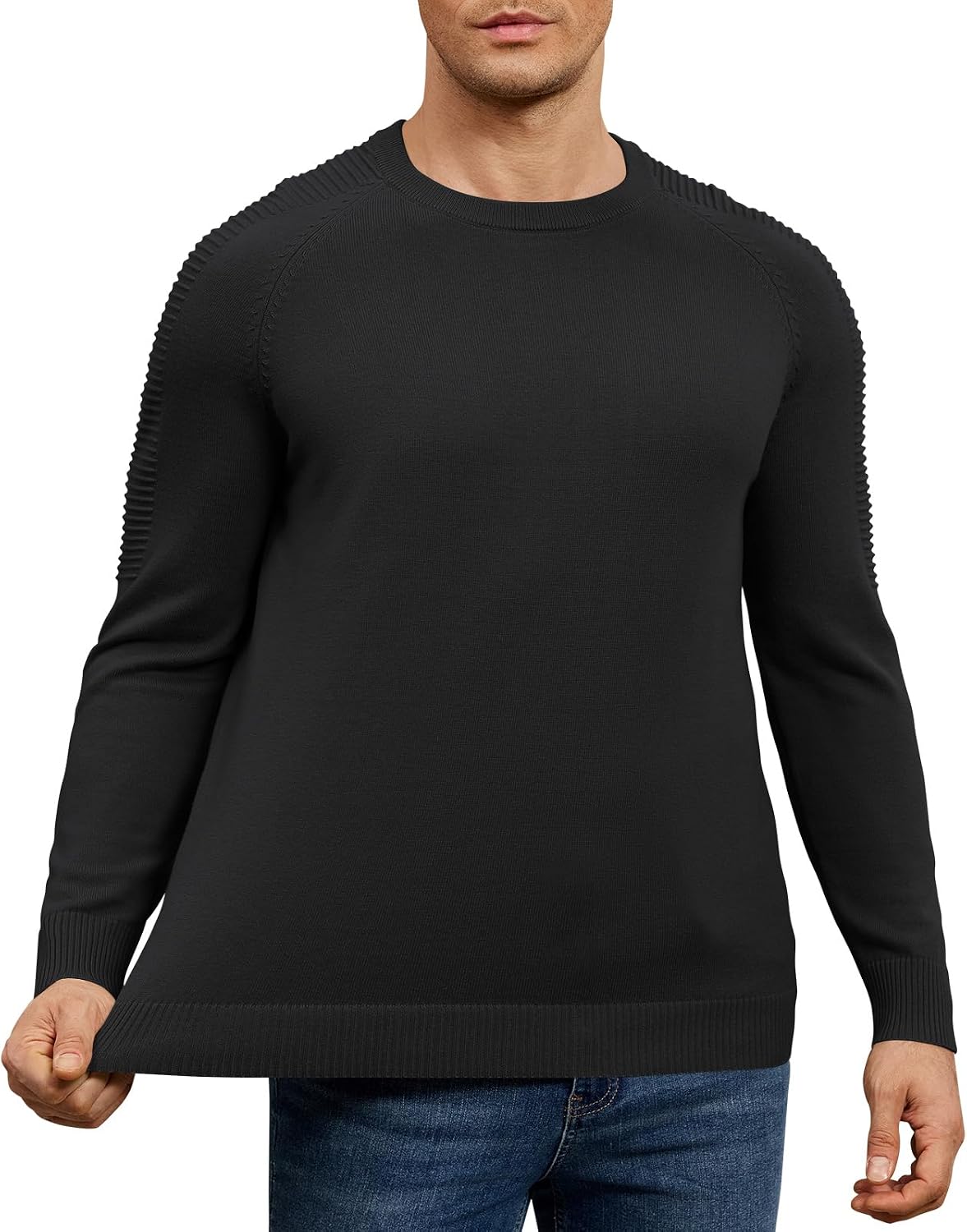 herr rund hals raglan långärmad jumper enfärgad termisk stickad pullover axel ribbning detalj 100 % bomull klassiska stickade kläder höst vinter