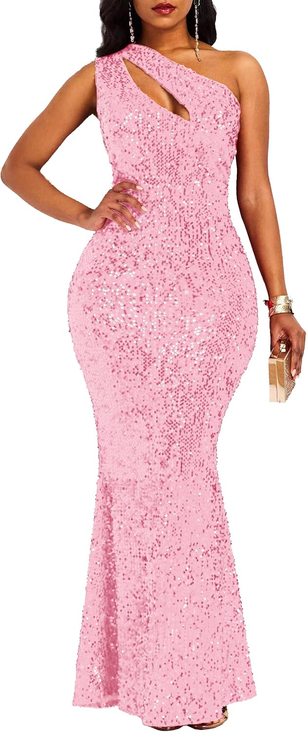 VERWIN Paljetter mode ärmlös sned krage sjöjungfru dam maxiklänning bodycon klänning festklänning