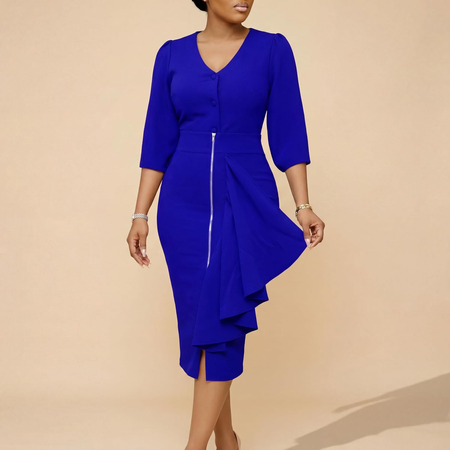 Elegant plus size tvådelat set vårklänningar för kvinnor alternativ med v-ringad långärmad topp bodycon midi