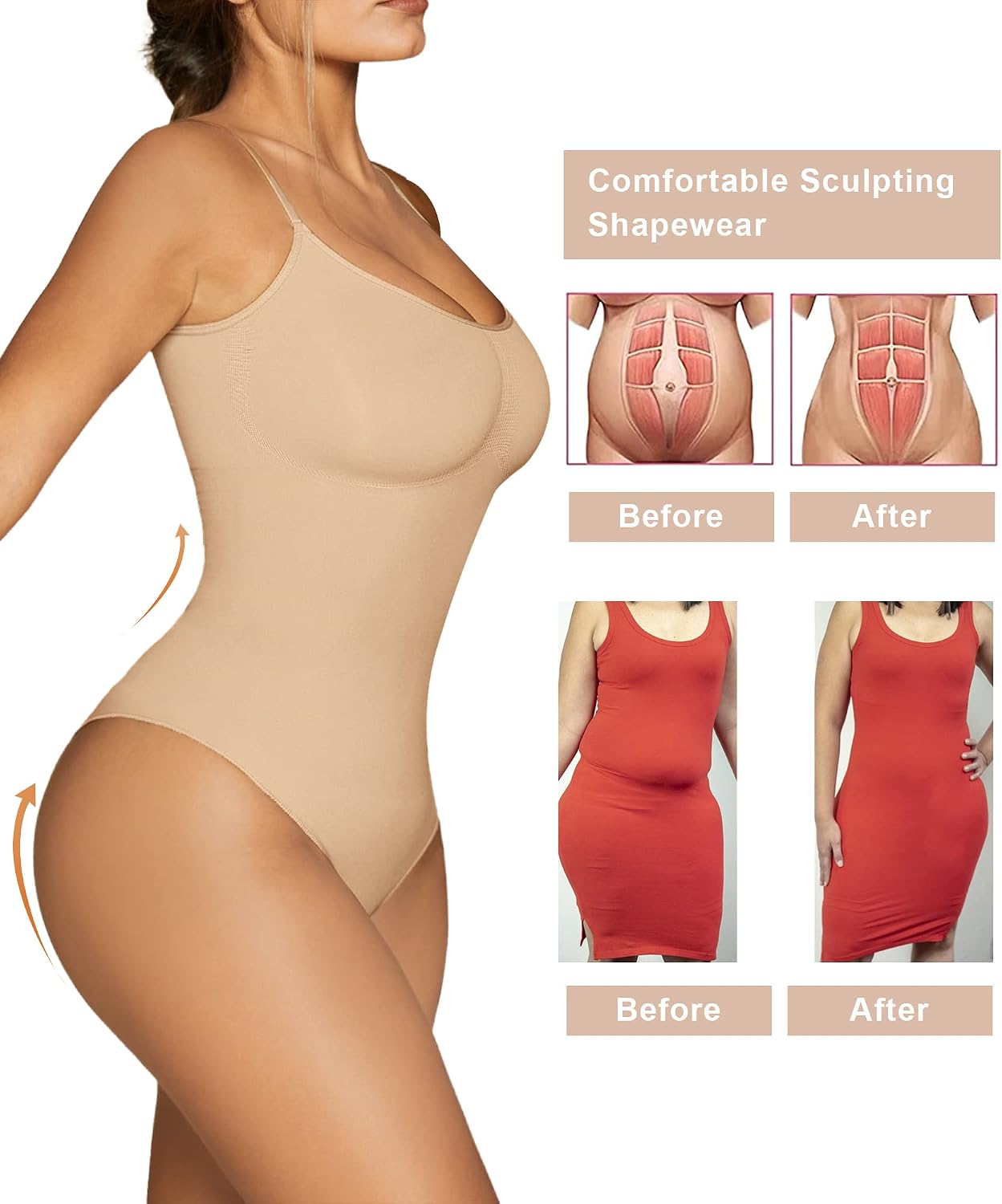 SHAPERX Women Sculpting Bodysuit Tummy Control Shapewear Seamless Body Shaper Thong Adjustable Straps