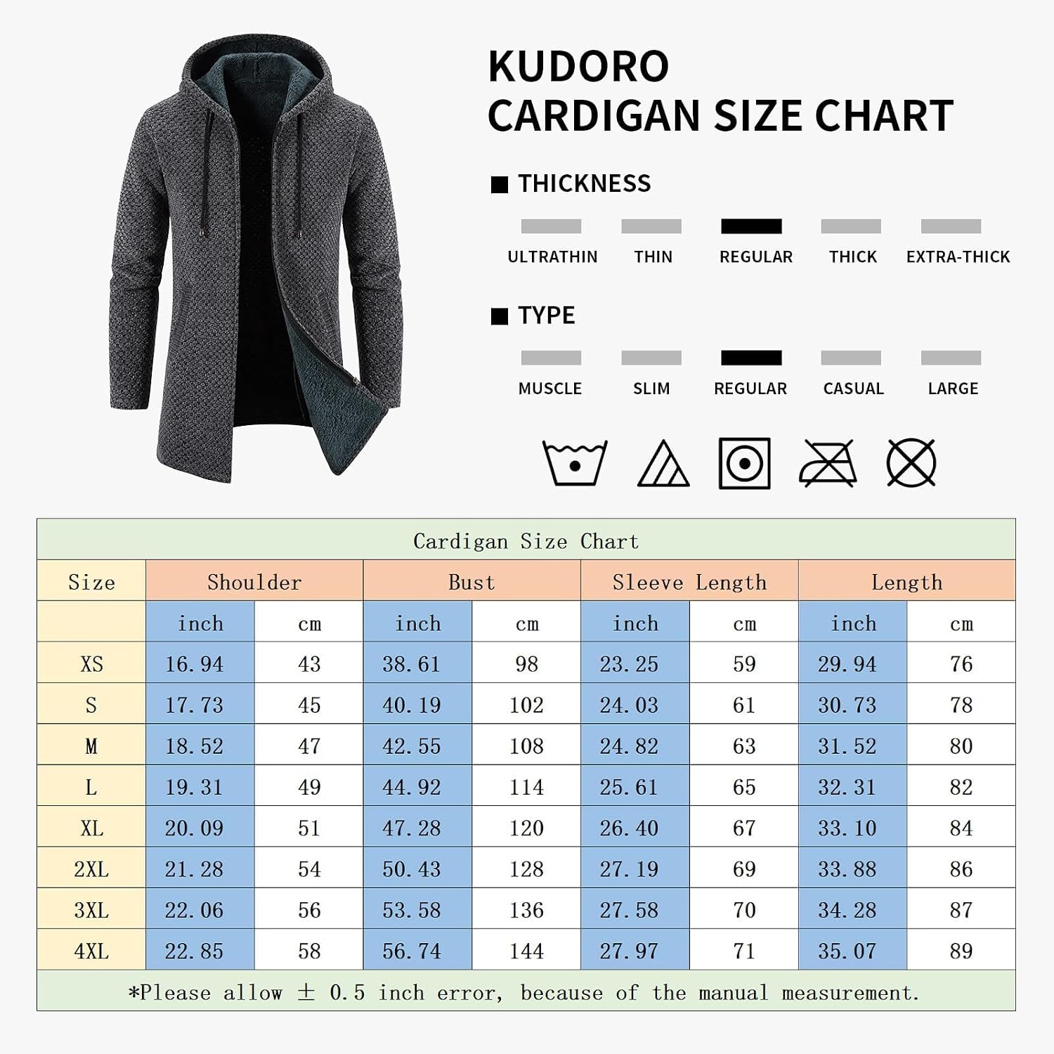 KUDORO Herrcardigan lång väst med dragkedja stickad kofta huvtröja tjock och ledig fleece tröja huvtröja