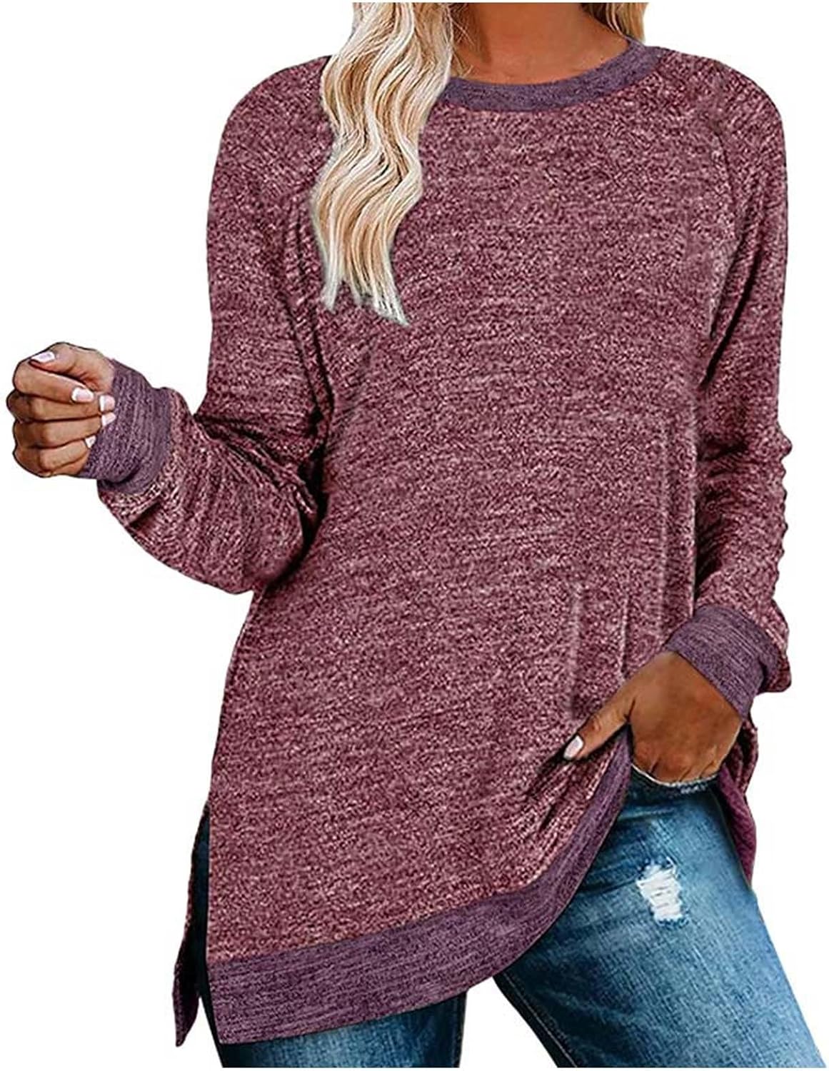 HUIFUAO T-shirt för kvinnor långärmad rund hals färgblock delad topp lös pullover topp skjorta kvinnor svart plus size t-shirt