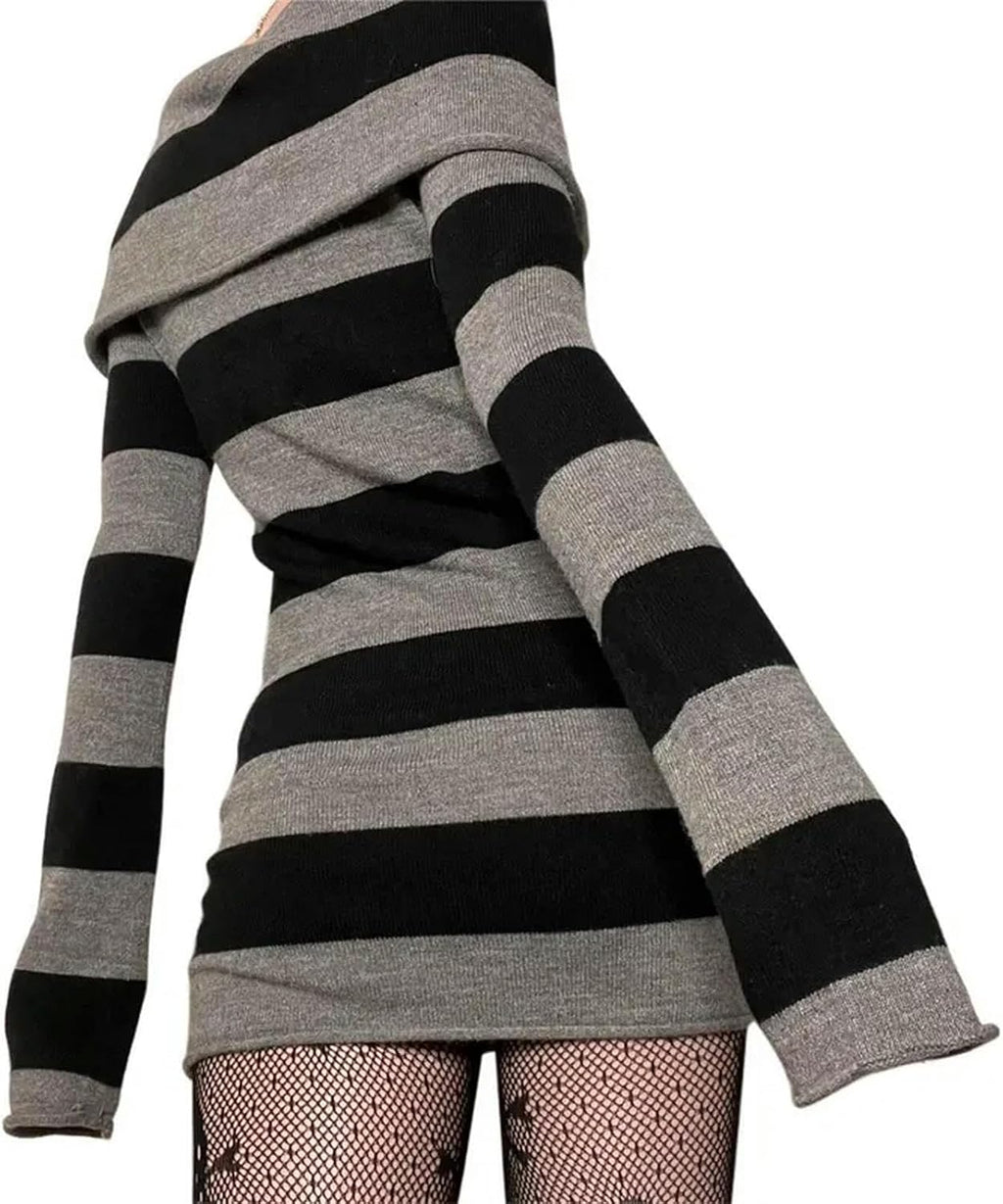 Y2K Randig Tröja Mini Klänning Mall Goth Grunge Emo Bodycon Chic Dam Off-shoulder Full Sleeve Slim Fit Klänningar 00s Vintage