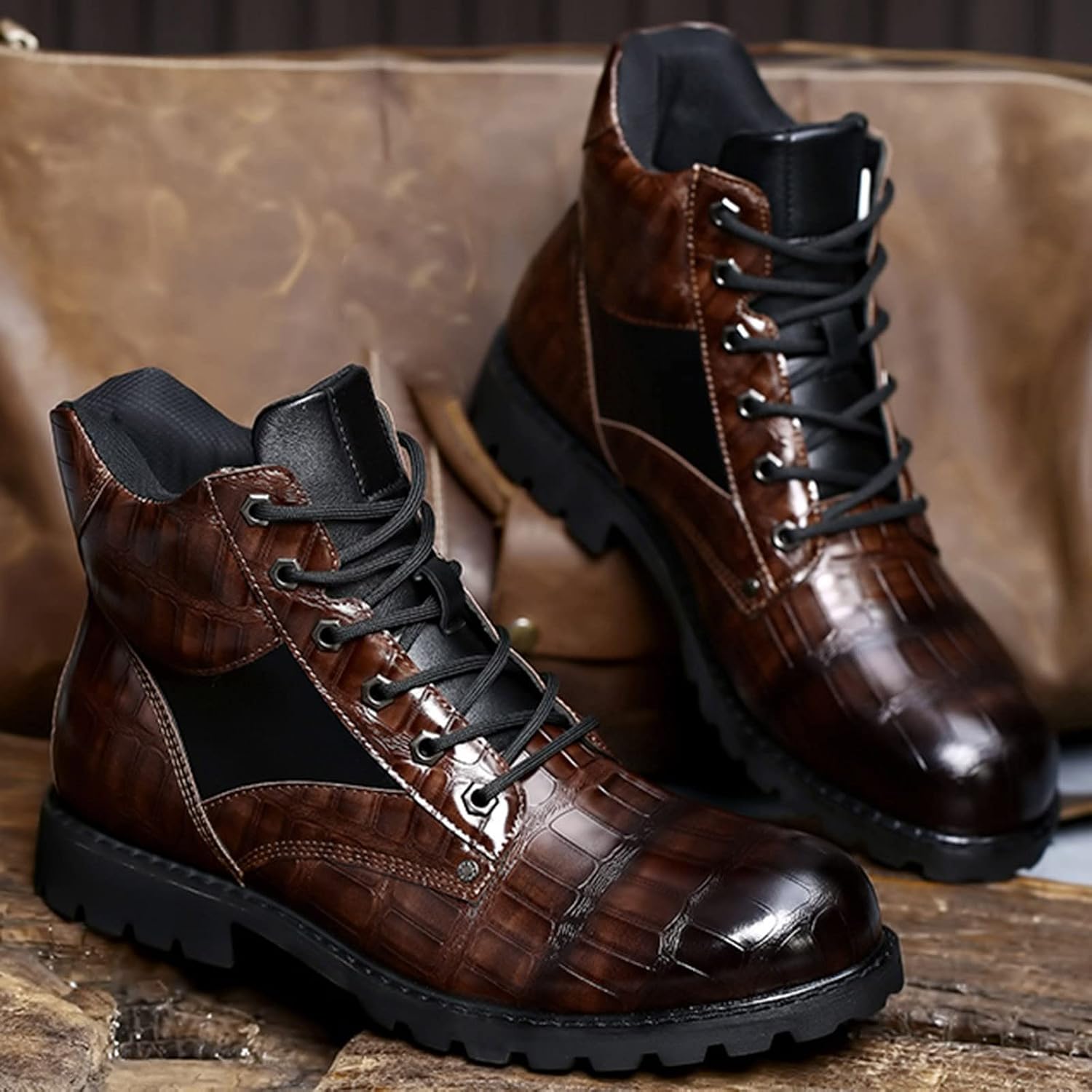 Krokodilstruktur ankelstövlar för män snörning konstläder modestövlar snygga smarta vardagliga skor tjock sula