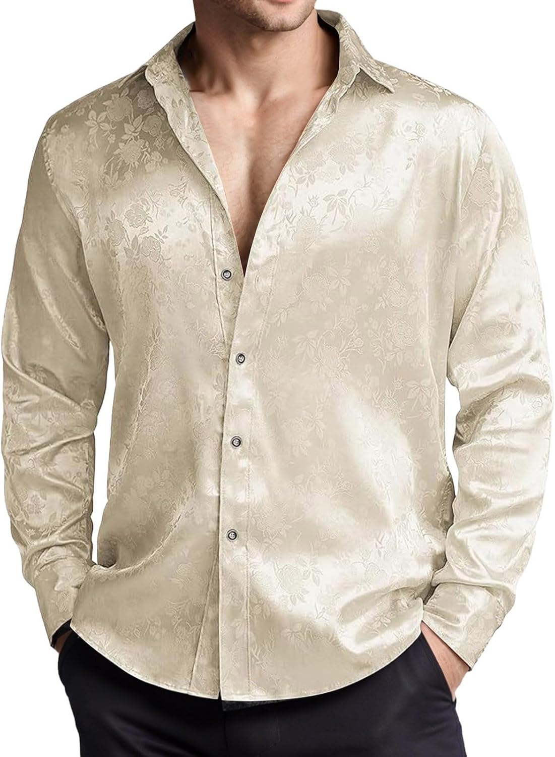 Herr lyx satinklänning skjortor glänsande siden som långärmad button down skjortor casual normal passform bröllop fest avslutningsbal toppar paljetter skjorta män