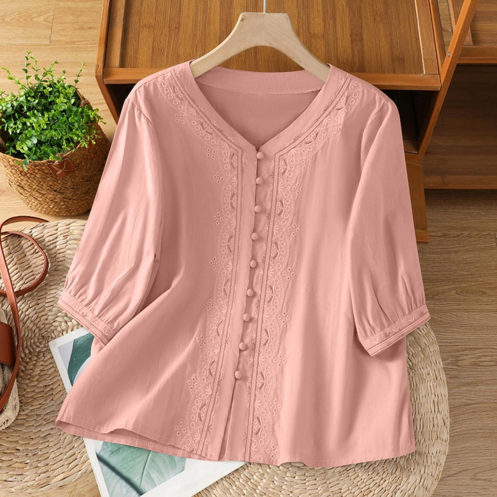 Kvinnors boho toppar bomull linne halvärm v-ringad retro broderade skjortor groda knapp kinesisk stil skjorta damer lös ledig sommar topp