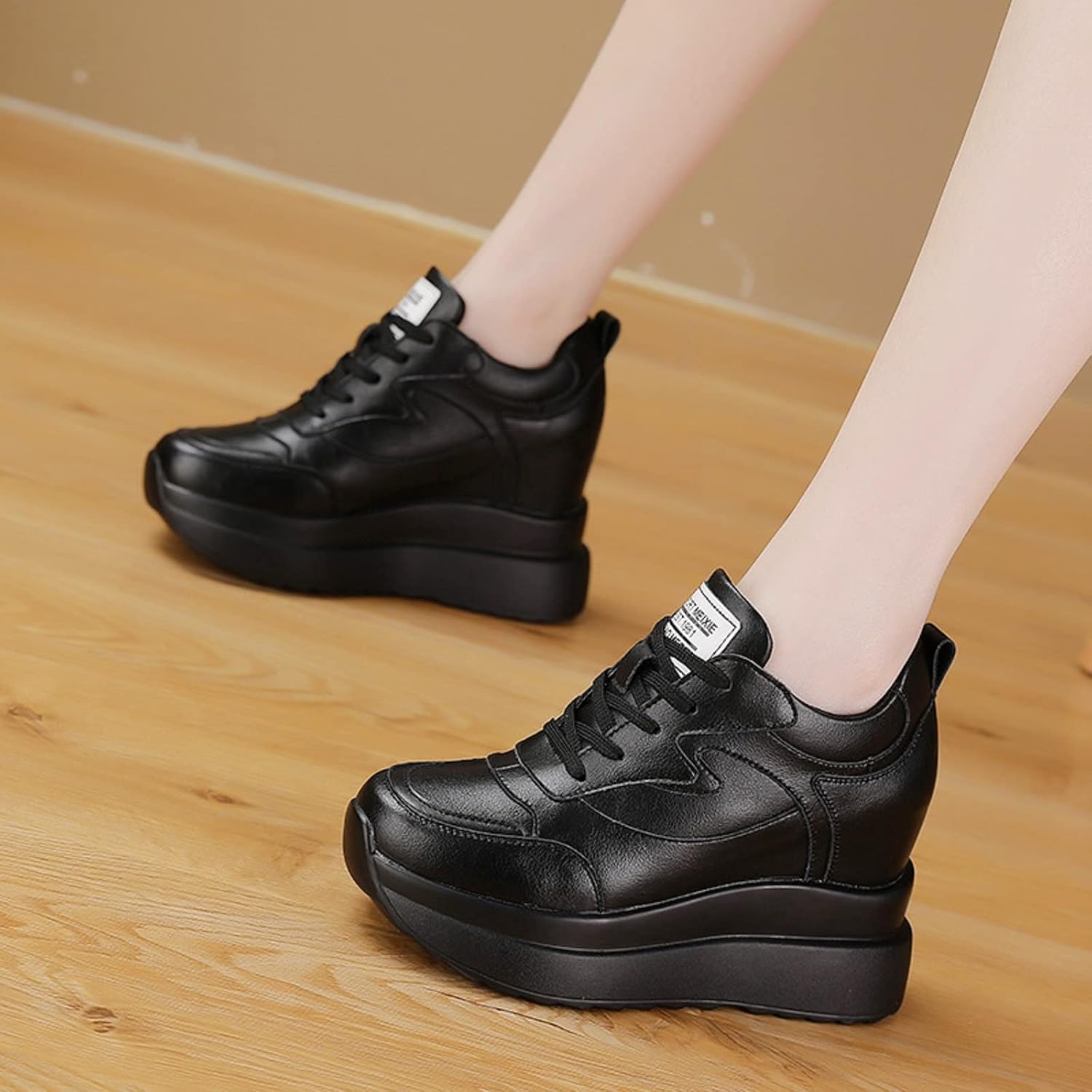 AONEGOLD Plattformssneakers med hög dold häl, kilsneakers, läderöverdel, mode snörningar, ökar 10 cm