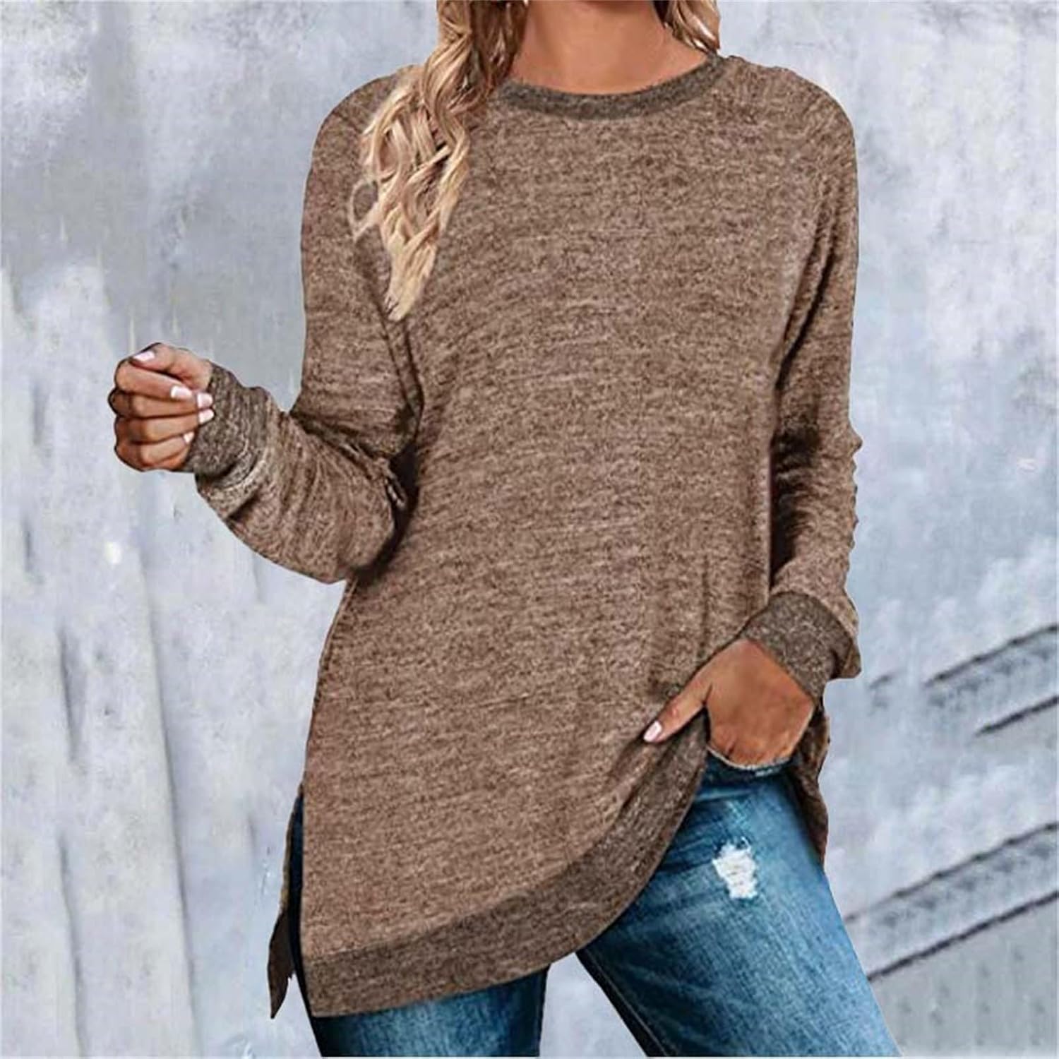 HUIFUAO T-shirt för kvinnor långärmad rund hals färgblock delad topp lös pullover topp skjorta kvinnor svart plus size t-shirt