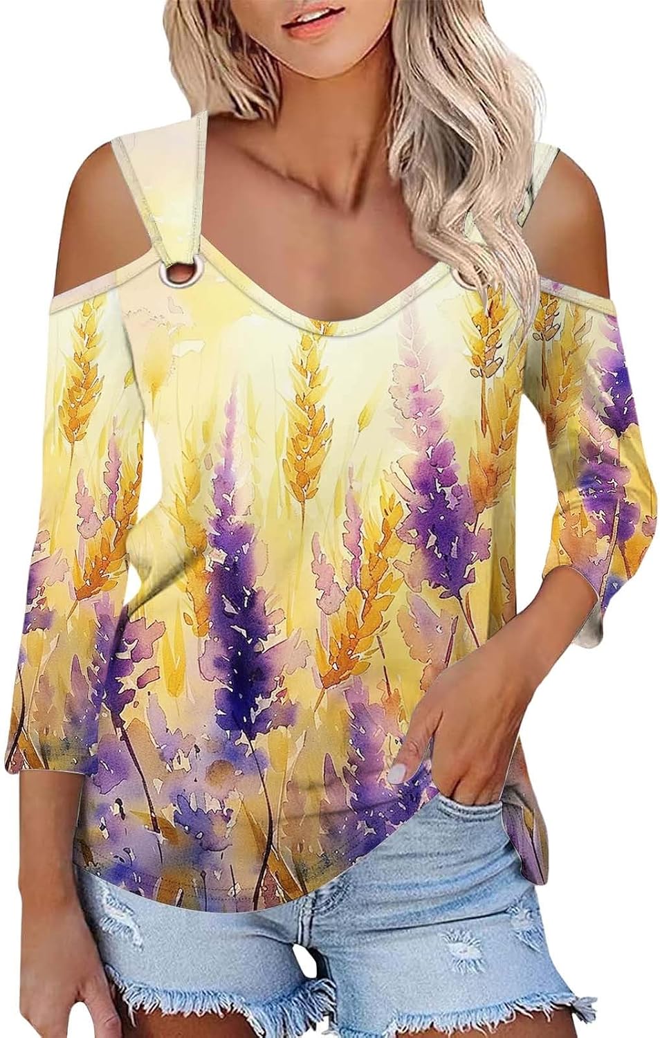 Enfärgad T-shirt för kvinnor, V-ringad och 3/4-ärmar i smal passform, sommarskjortor, topp, axellös, blustopp, toppar, eleganta fritidsskjortor, tryckt strandskjorta, t-shirt, stor storlek