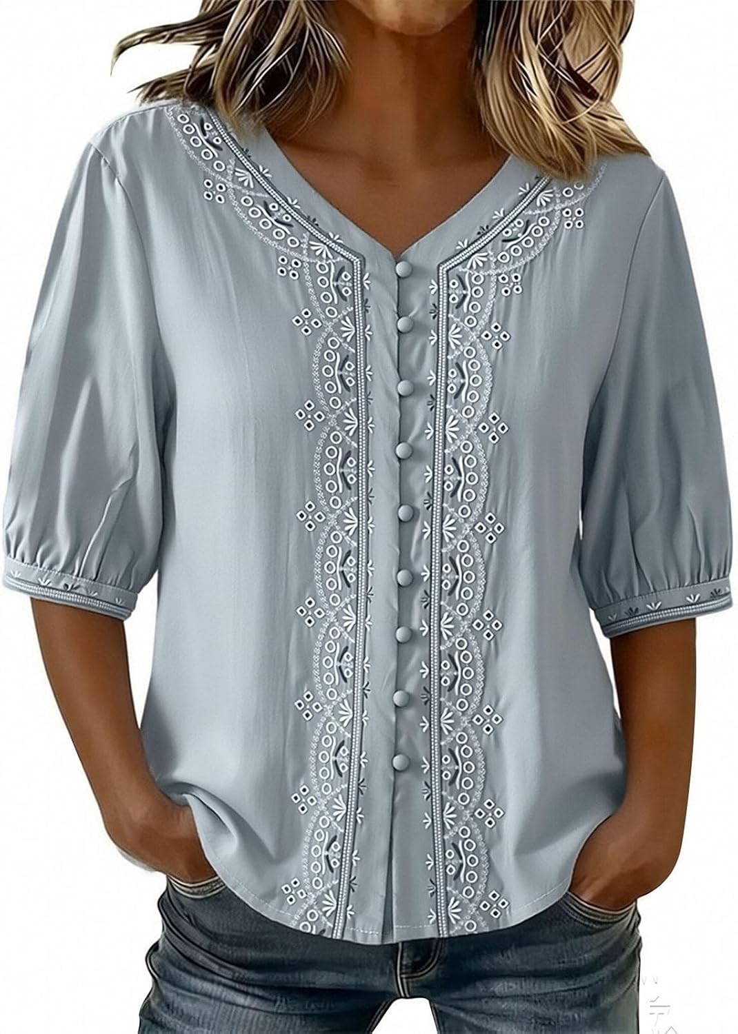 Kvinnors boho toppar bomull linne halvärm v-ringad retro broderade skjortor groda knapp kinesisk stil skjorta damer lös ledig sommar topp
