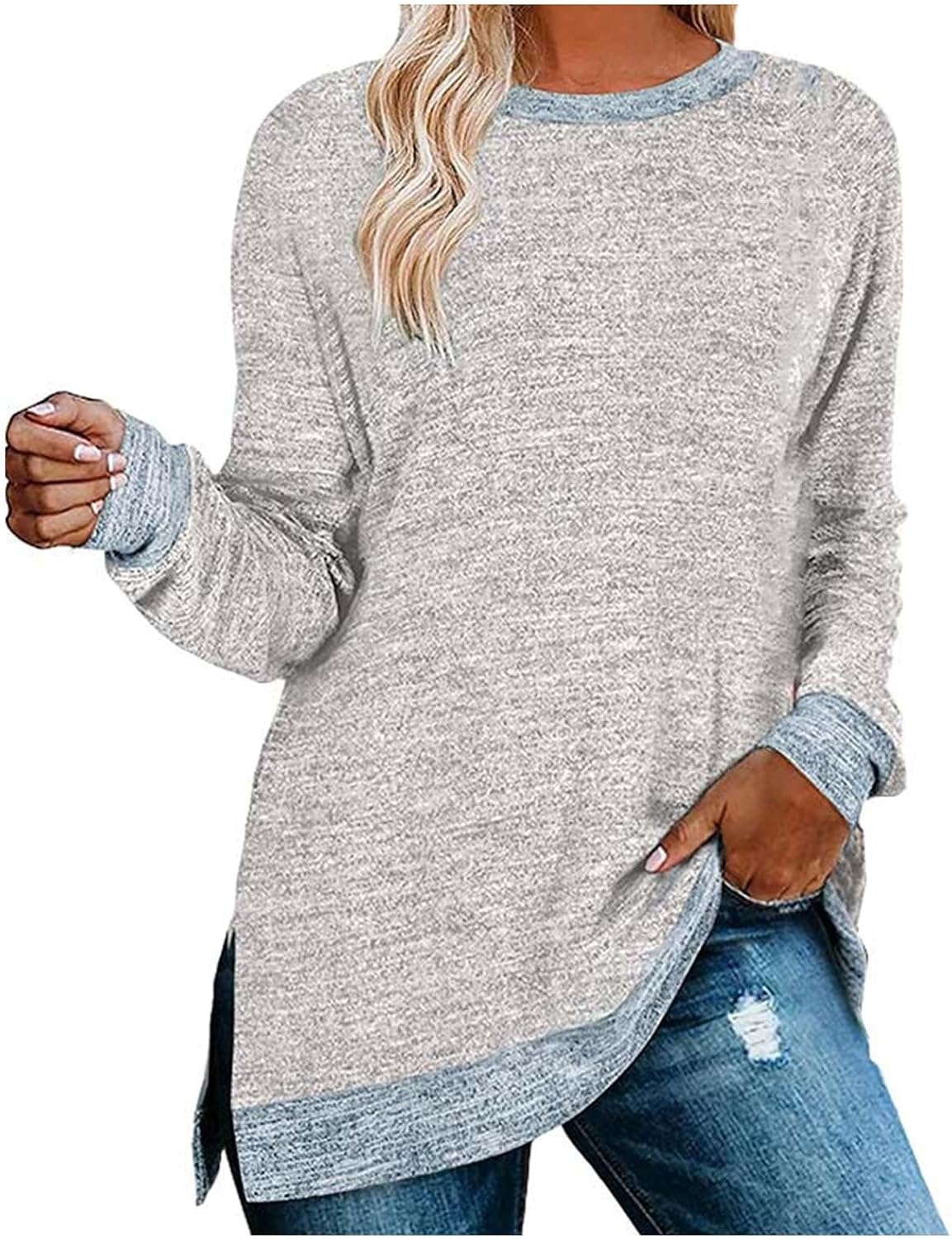 HUIFUAO T-shirt för kvinnor långärmad rund hals färgblock delad topp lös pullover topp skjorta kvinnor svart plus size t-shirt