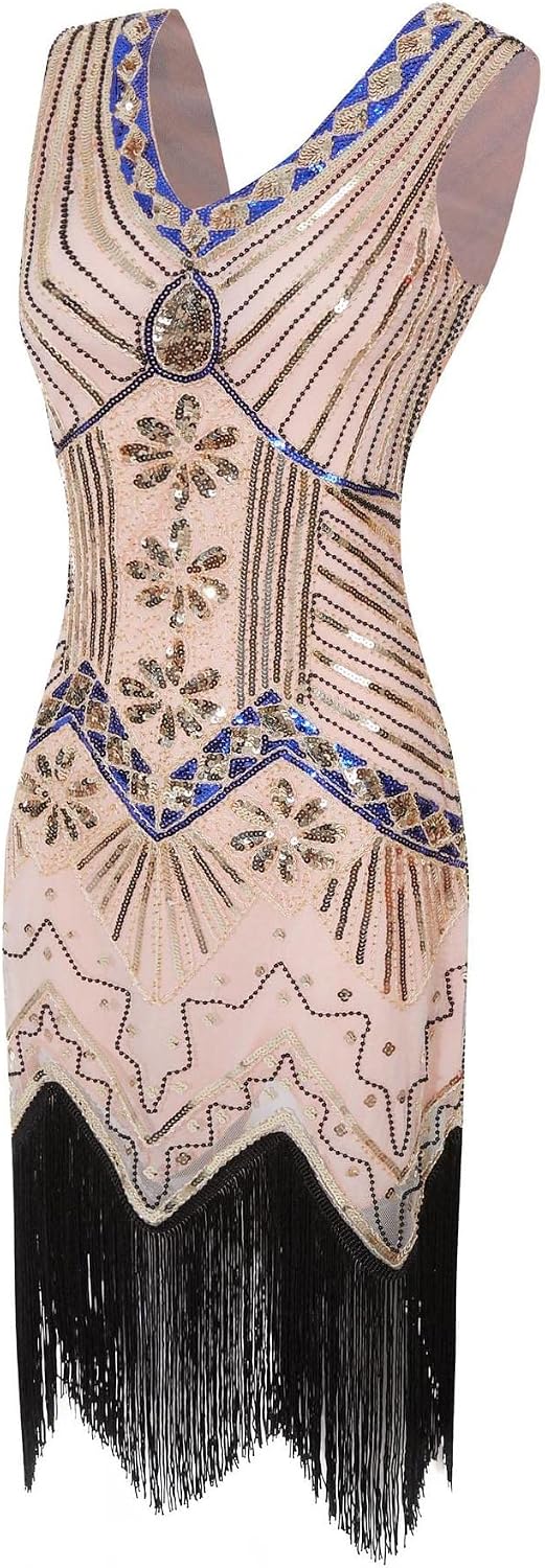 Hahaemma 1920-tals-vintageklänning, flapper-/charleston-klänning, Great Gatsby, med paljetter, tofsar och fåll, som examensbalklänning, aftonklänning, cocktailklänning eller kostymklänning