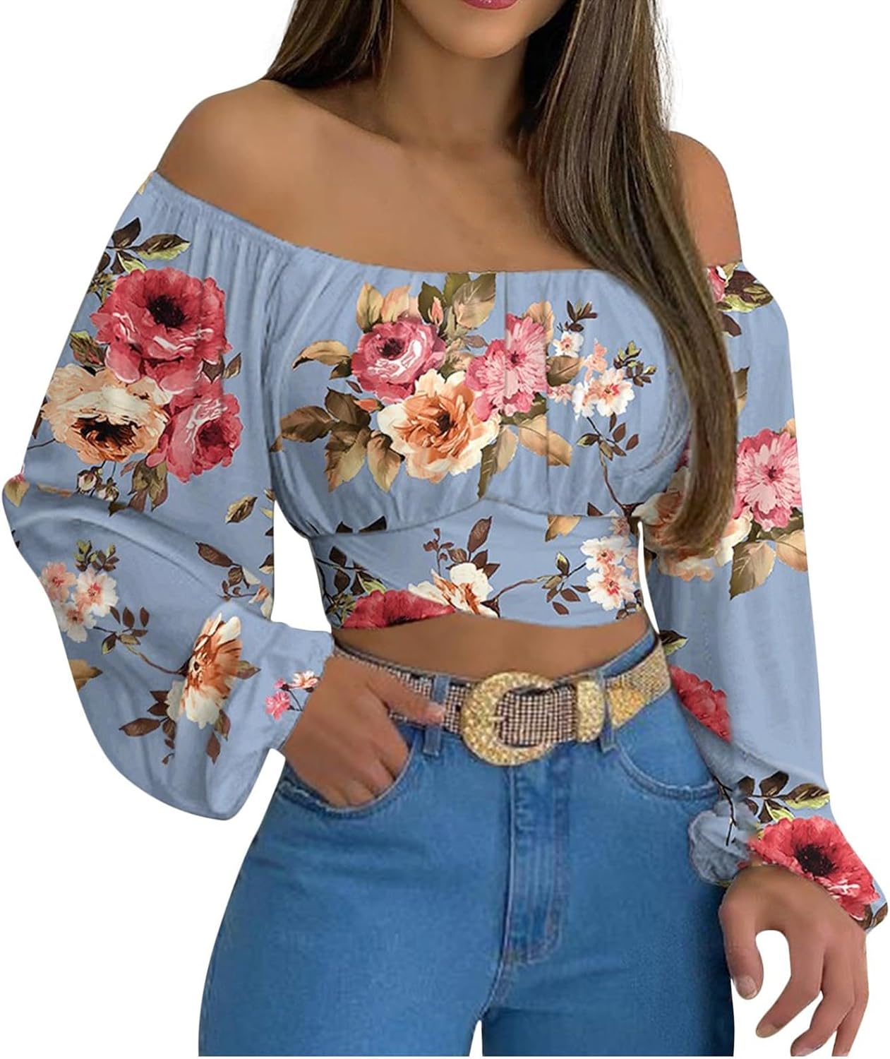 Off Shoulder Dam Crop Top Elegant Lanternärm Långärmad Rynkad Knytskärp Blus Sexy Shirt Semester Party Clubwear