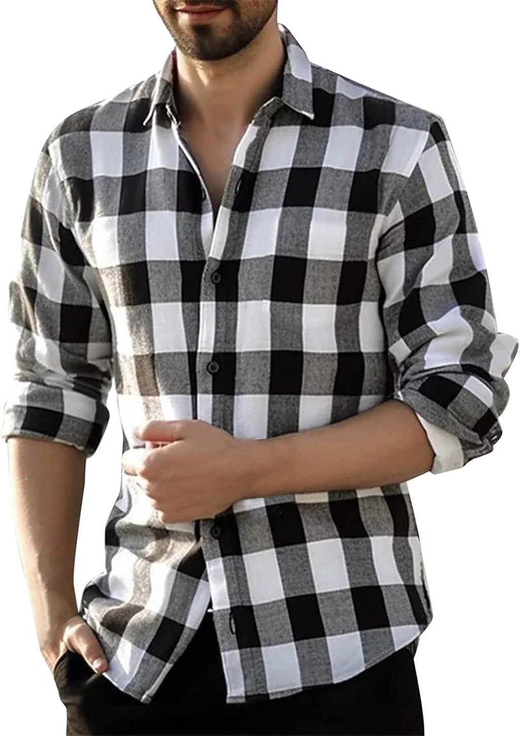 Långärmad vardaglig rutig flanellskjorta, rutig tartan button-down-skjortor för män nedfällbar krage mode avslappnad skjorta med knappar urban stilren herr toppar avslappnad smart långärmad