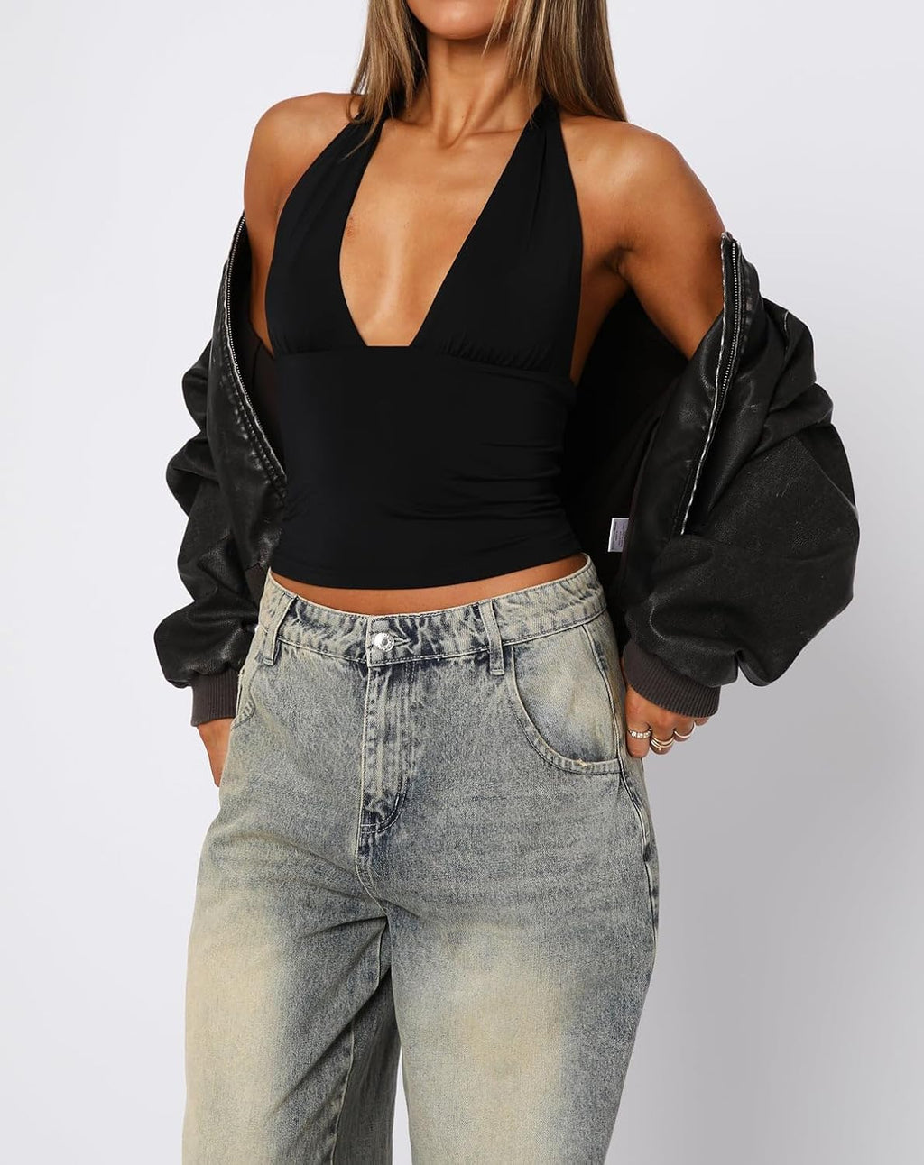 Dam sexig hållare djup V-hals backless crop tank top öppen rygg ärmlös smal passform Y2k sommartoppar
