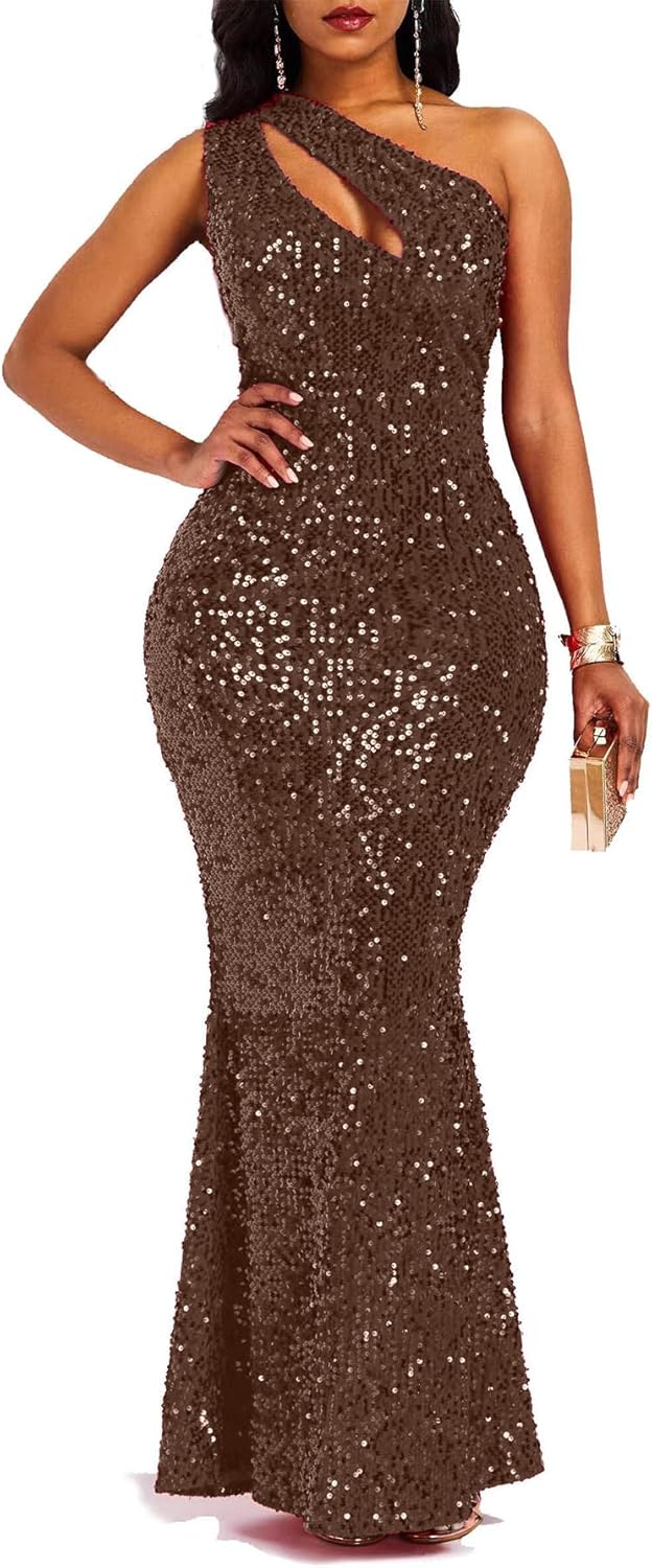 VERWIN Paljetter mode ärmlös sned krage sjöjungfru dam maxiklänning bodycon klänning festklänning