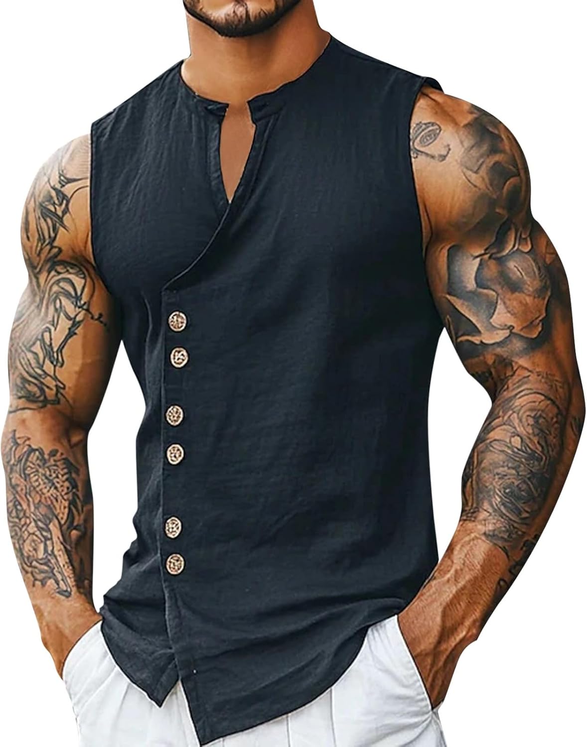 Linneskjorta herr ärmlös, linneskjorta herr bomull linne linne topp med knappslå fritid streetwear baggy t-shirt utan ärmar sommarskjortor casual träningströja snabbtorkande toppar