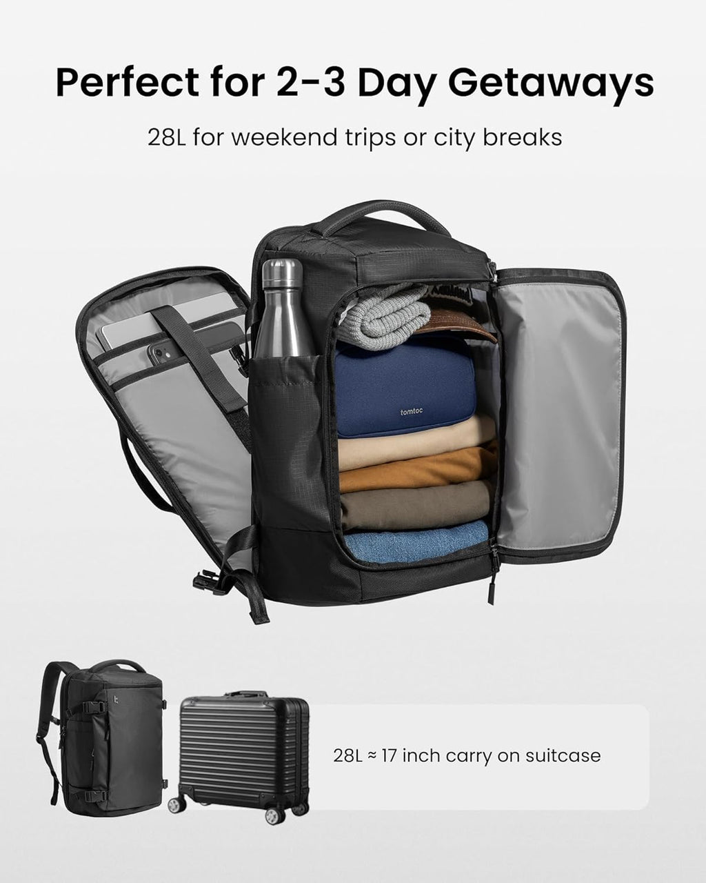 tomtoc 40L Reseryggsäck, TSA-vänlig handbagage-ryggsäck Reseryggsäck för 15,6-17 tums bärbar dator, flyggodkänd ombordstigning Vattenavvisande kabinryggsäck för resor Weekender Trip