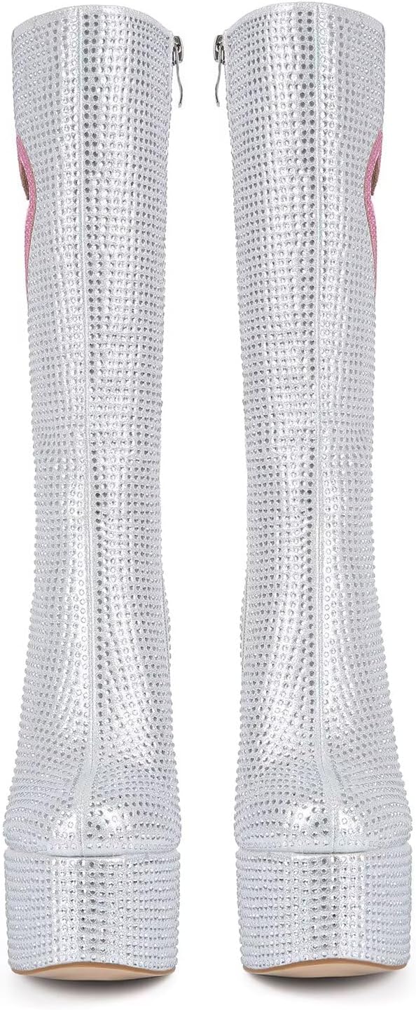Frankie Hsu söt söt härlig tjock plattform knä högklackad känga, silver rosa hjärta strass ädelsten het flicka stor storlek bred vad långa stövlar för kvinnor män