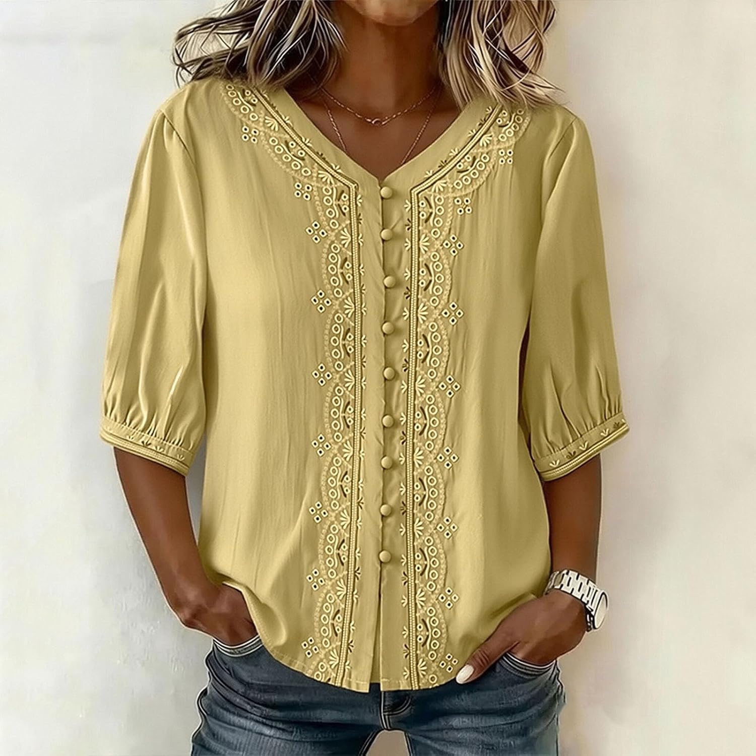 Kvinnors boho toppar bomull linne halvärm v-ringad retro broderade skjortor groda knapp kinesisk stil skjorta damer lös ledig sommar topp