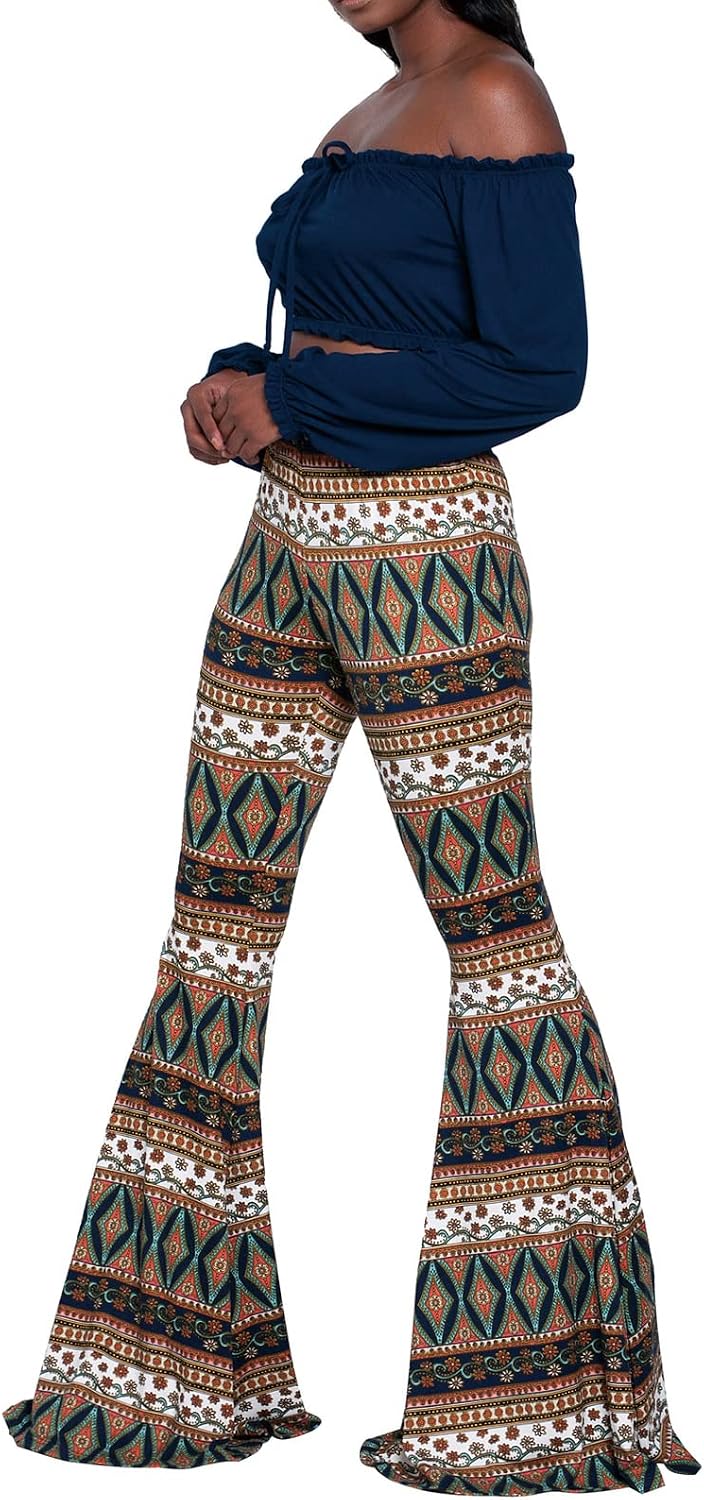Nuofengkudu Dam vintage tryckta långa utsvängda byxor hög midja stretchiga vida ben yogabyxor