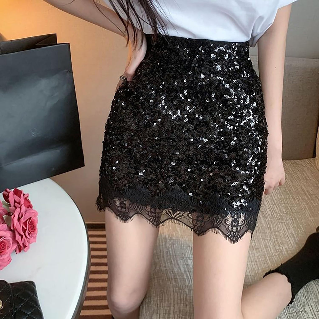 Nyårsaftons outfit damer glitter sexig, kjol paljetter damer svart, paljetter kjol silver midi paljettkjol med spetsar minikjol hög elastisk midja kjolar en linje sommarkjol semester kjol