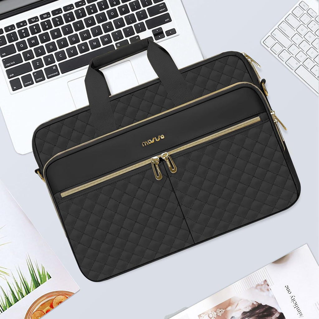 MOSISO Laptopväska, laptopväska, axelväska, dam, portfölj, handväska, kvadratisk quiltad laptopväska, axelväska, kontor, resor, affärer med 3 fickor och remmar