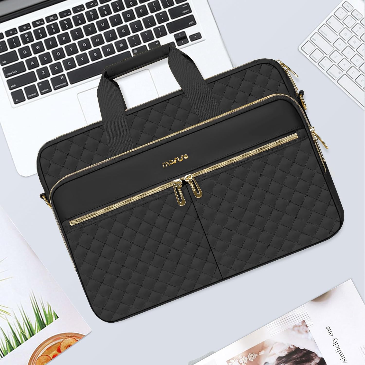 MOSISO Laptopväska, laptopväska, axelväska, dam, portfölj, handväska, kvadratisk quiltad laptopväska, axelväska, kontor, resor, affärer med 3 fickor och remmar