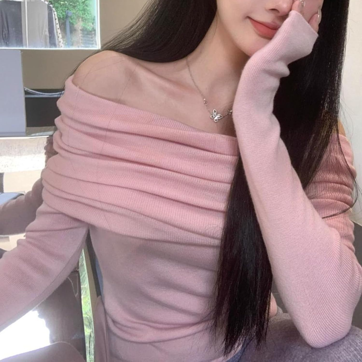 Off Shoulder-tröjor For Kvinnor Långärmade One Shoulder-skjortor Casual Dressy Blusar Sexig Slim Fit Club Shirt Crop Tops