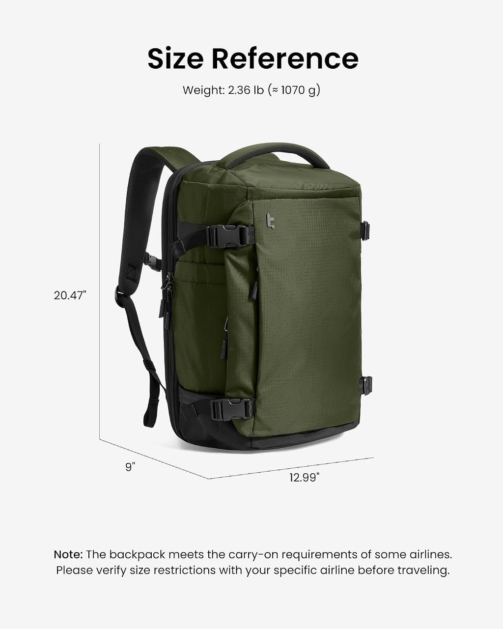 tomtoc 40L Reseryggsäck, TSA-vänlig handbagage-ryggsäck Reseryggsäck för 15,6-17 tums bärbar dator, flyggodkänd ombordstigning Vattenavvisande kabinryggsäck för resor Weekender Trip