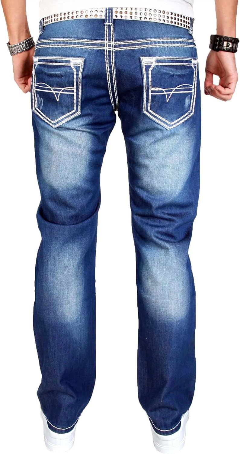 A. Salvarini herr designer jeans byxor blå stonewash tjocka vita dekorativa sömmar AS011