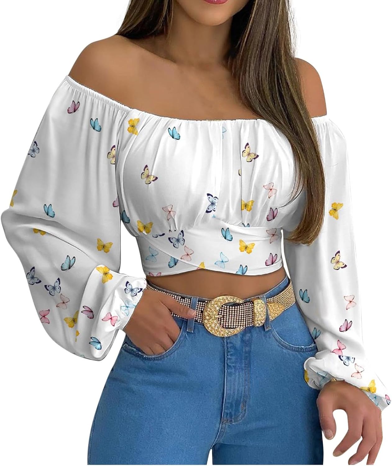 Off Shoulder Dam Crop Top Elegant Lanternärm Långärmad Rynkad Knytskärp Blus Sexy Shirt Semester Party Clubwear