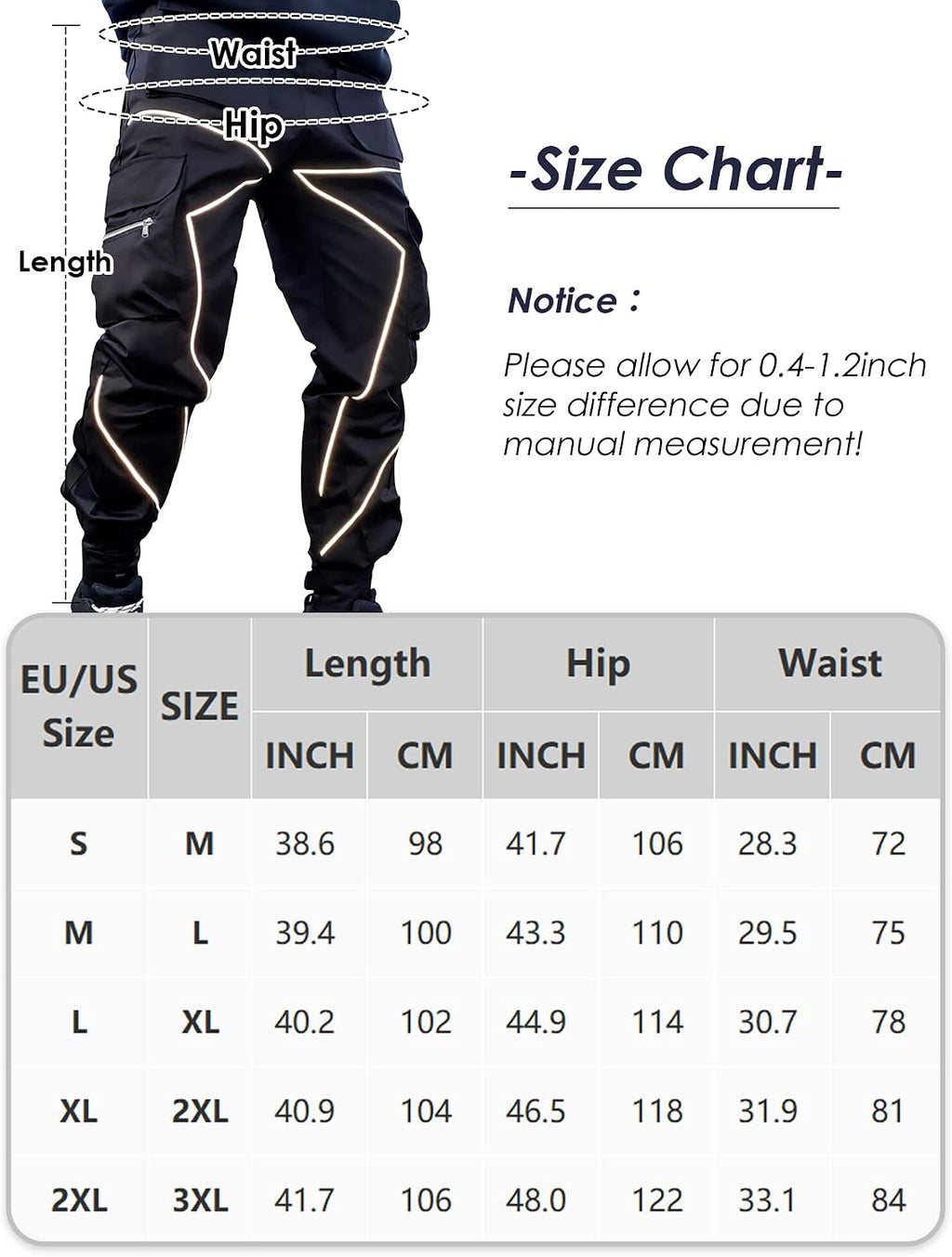 AIEOE Cargobyxor, herr, hip hop, techwear, cargobyxor med reflekterande ränder, streetwear, punkbyxor, joggingbyxor, joggingbyxor med fickor, elastisk linning