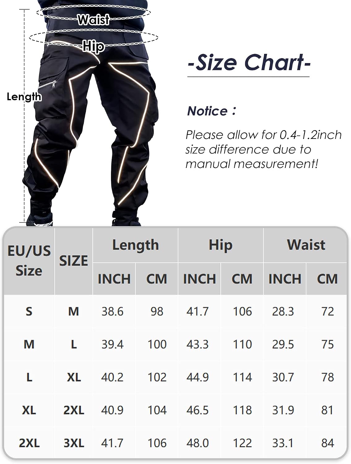 AIEOE Cargobyxor, herr, hip hop, techwear, cargobyxor med reflekterande ränder, streetwear, punkbyxor, joggingbyxor, joggingbyxor med fickor, elastisk linning