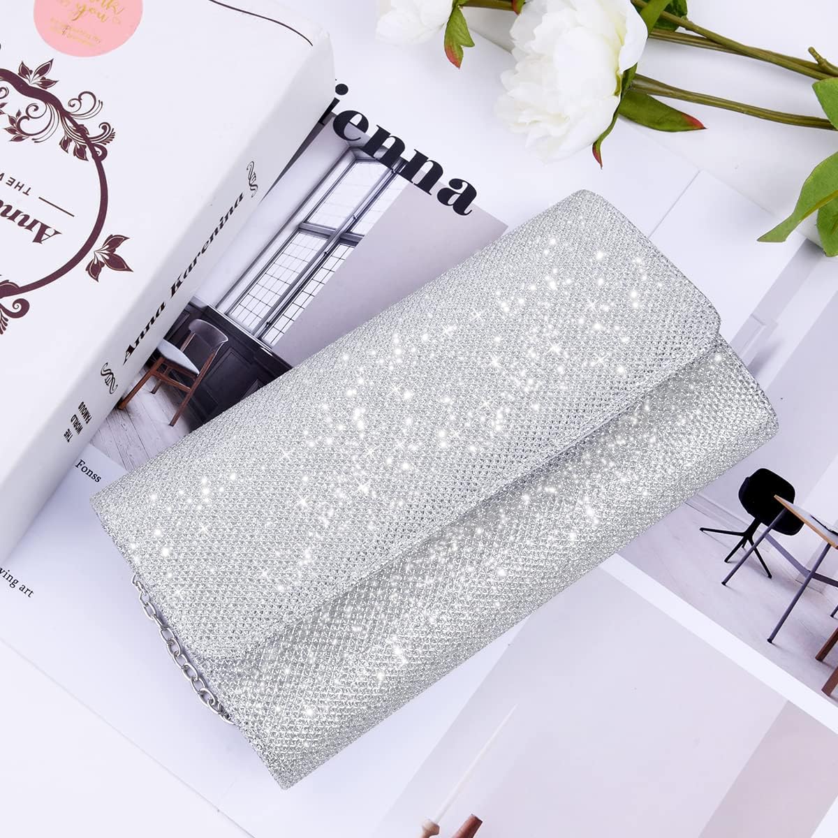 OSDUE kuvertväska för kvinnor, glitter, kuvert, kuvertväska med avtagbar kedjerem, eleganta paljetter, aftonväska för bröllop, brud, bal, cocktailparty, aftonväska för damer, Glitter fyrkantig