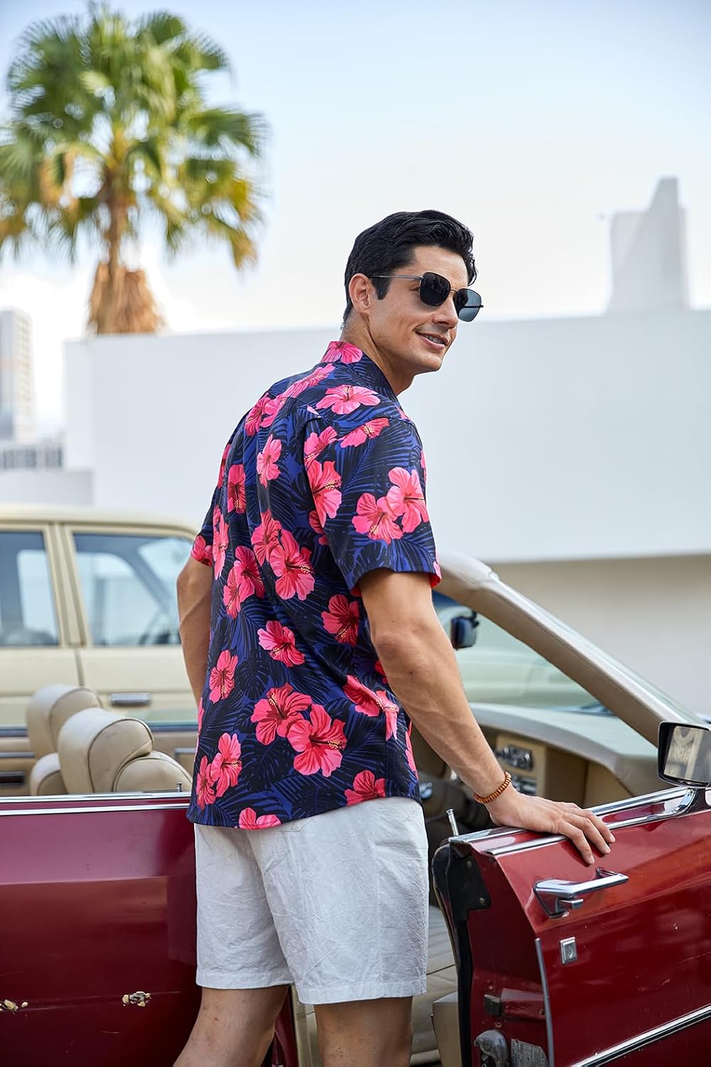 Enlision Funky Hawaii-skjorta för män, kortärmad, fritid, Hawaii-skjorta, tryck, ananas palmer, blommor, ledig, unisex, Hawaii-skjorta med framficka, S-2XL
