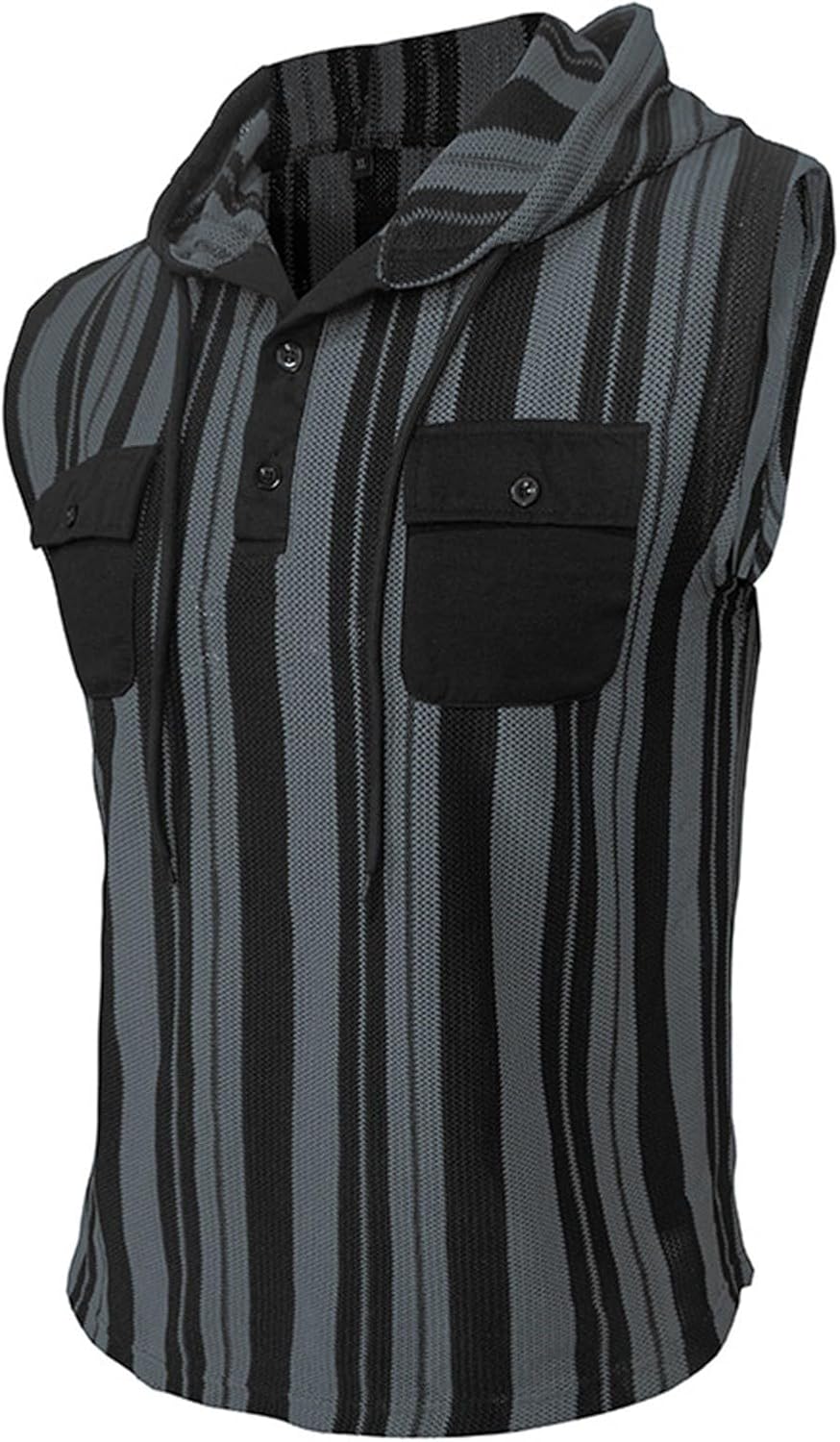 Ärmlösa västar med huva för män sommar vardaglig tank top lätt pullover väst med bröstficka och knappdetaljer urholkade randiga designvästar smal passform mode gym linne för fritid