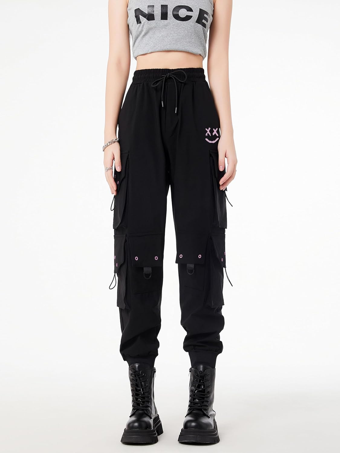 CLOAKA Cargobyxor dambyxor, joggingbyxor, hög midja, Y2k, gotiska, techwear, streetwear, cargobyxor, stretch, bekväma med elastiskt band, lös säckig utomhus, hip hop-tryck